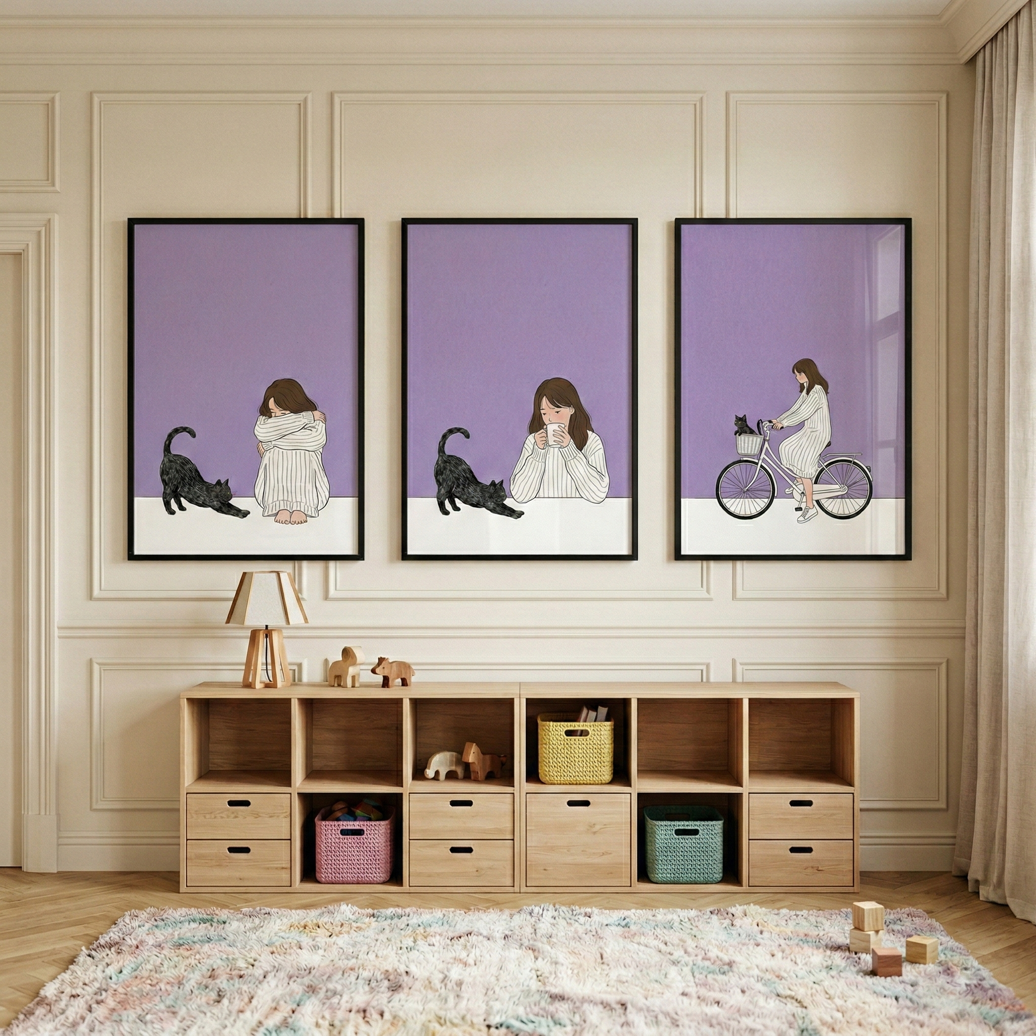 Lavender Aesthetic Girl Cat Wall Art Set of 3 - Quiet Purple Days