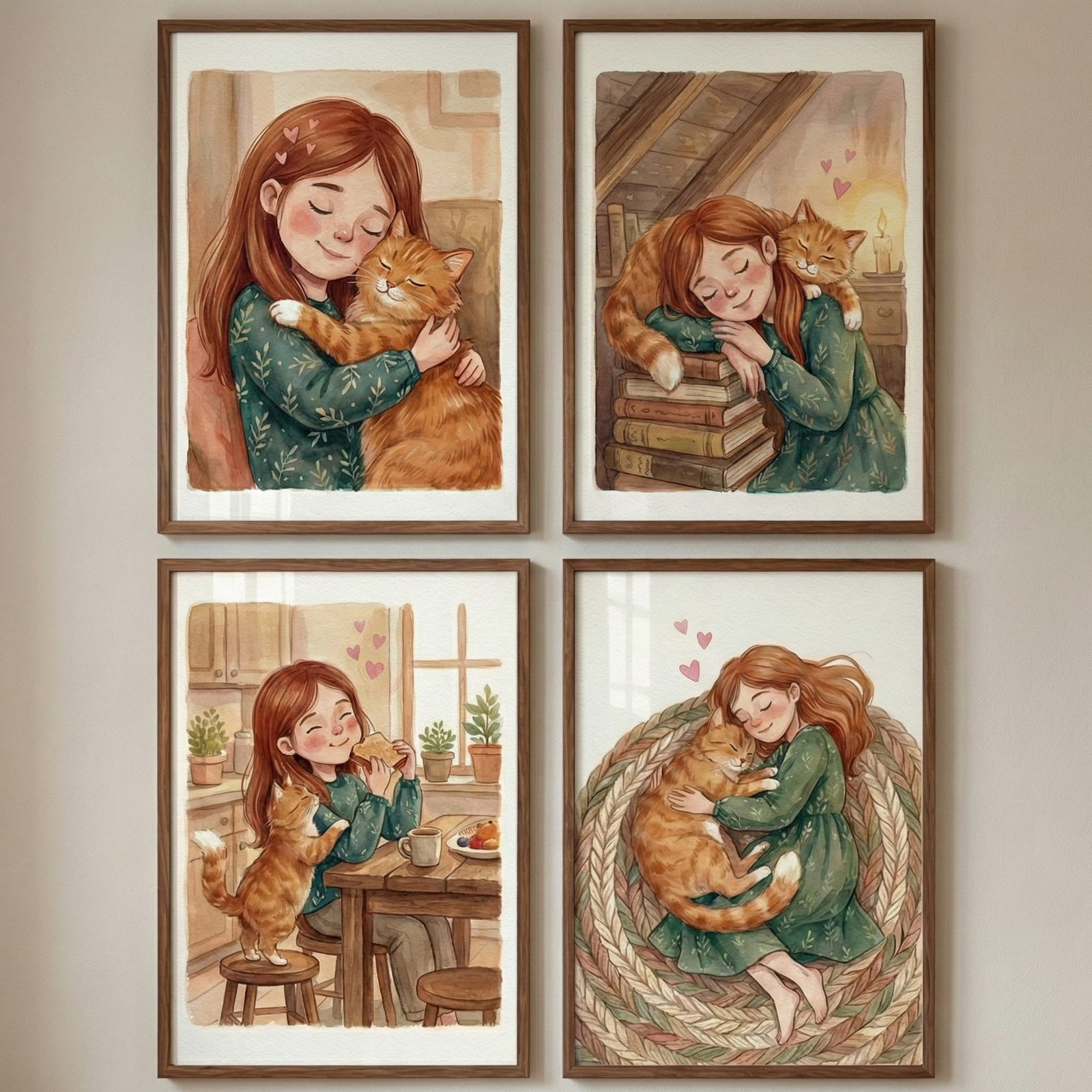 A grid of four framed watercolor-style illustrations shows a girl with long reddish-brown hair and an orange cat in cozy scenes. They share a hug, rest together on a stack of books in an attic, share a meal at a kitchen table, and nap on a large circular rug. Each artwork features a warm, gentle atmosphere with soft textures and peaceful expressions, emphasizing a close bond between the child and her pet.