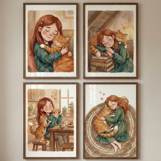 A grid of four framed watercolor-style illustrations shows a girl with long reddish-brown hair and an orange cat in cozy scenes. They share a hug, rest together on a stack of books in an attic, share a meal at a kitchen table, and nap on a large circular rug. Each artwork features a warm, gentle atmosphere with soft textures and peaceful expressions, emphasizing a close bond between the child and her pet.