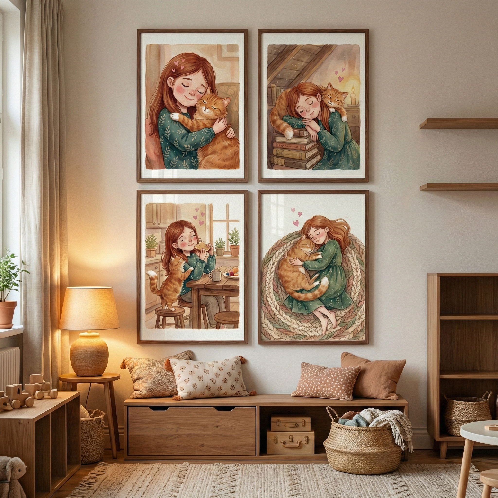 Cat And Girl Nursery Wall Art Set of 4 - Cozy Feline Moments