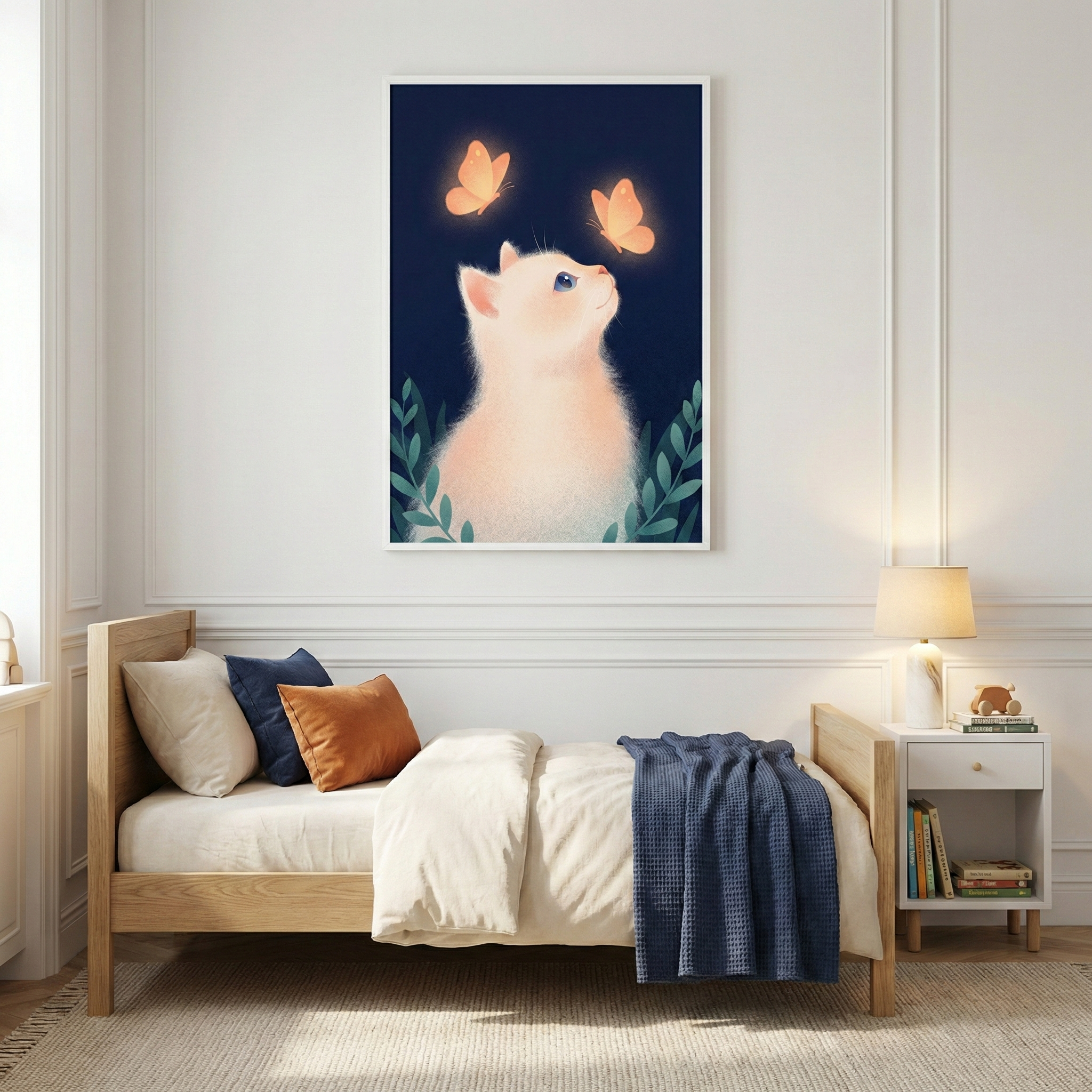 Softly lit children’s bedroom with a light wood twin bed dressed in white bedding, navy and rust accent pillows, and a blue throw blanket. Above the bed hangs a framed illustration of a white kitten gazing at two glowing butterflies against a dark blue background, adding a whimsical focal point to the cozy, neutral space.