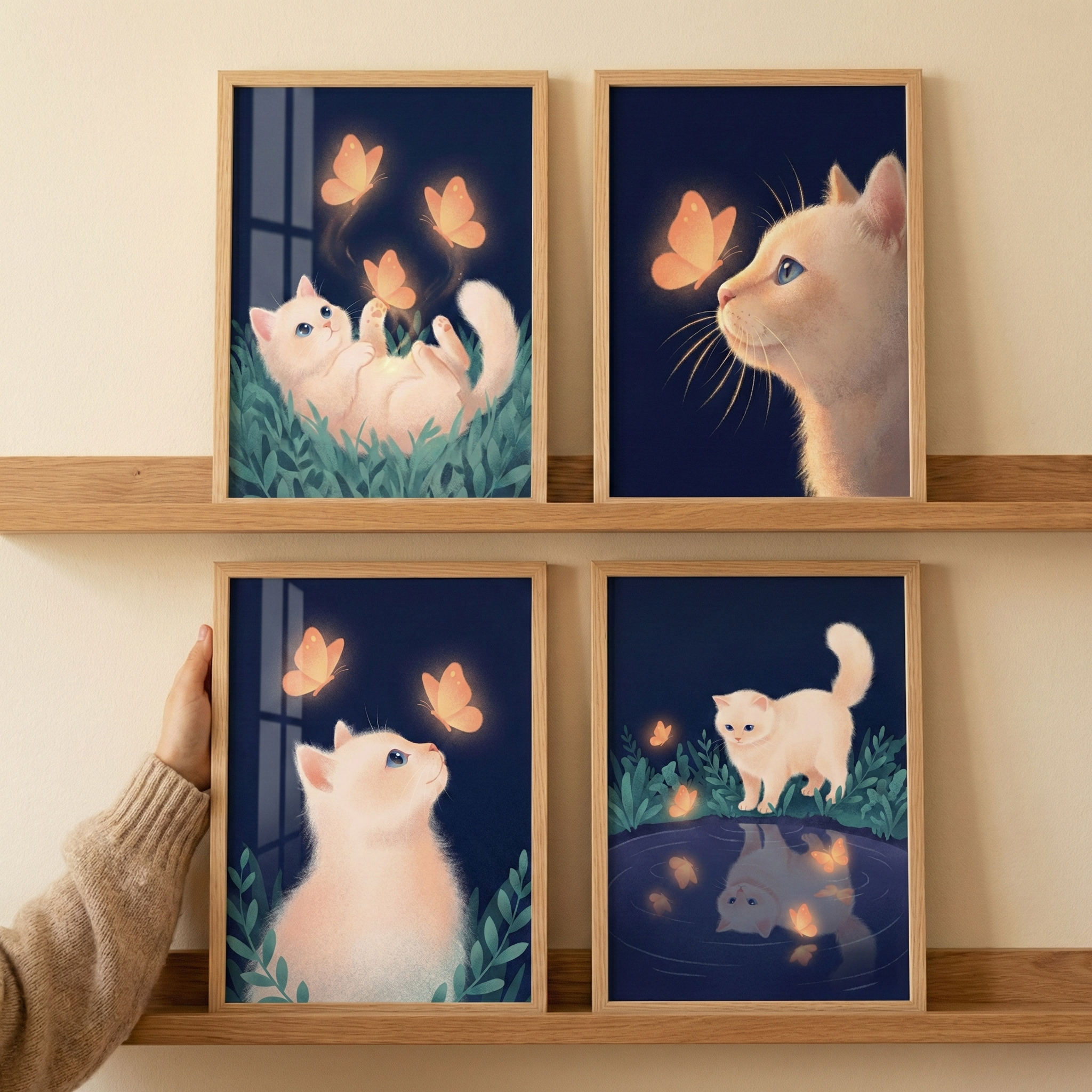 Cat Kids Room Wall Art Set of 4 - Glowing Feline Dreams