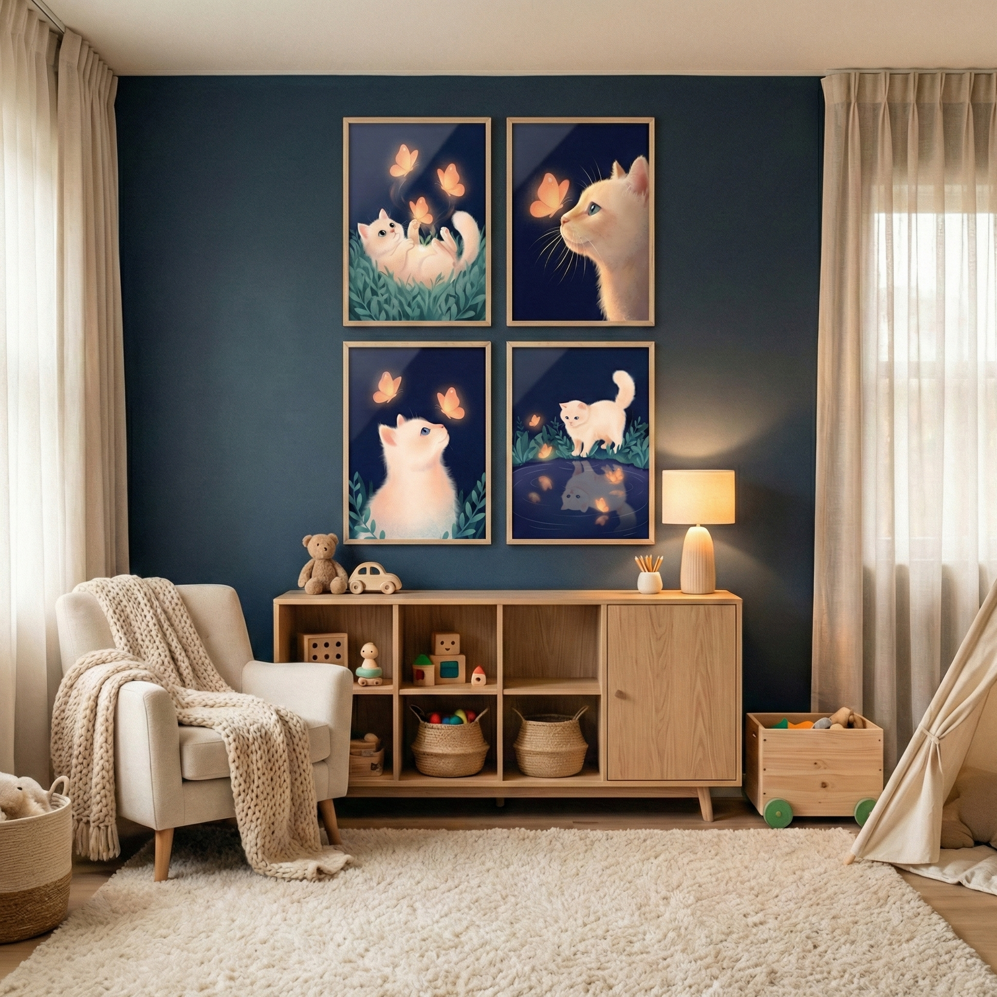 A cozy nursery features a dark blue accent wall with four framed illustrations of a fluffy white cat and glowing orange butterflies. Below the artwork, a light wood storage unit holds wooden toys and a small lamp. To the left is a cream armchair with a chunky knit throw, and to the right is a wooden toy box and a play tent. The room is complete with a plush white rug and soft, neutral-toned curtains framing the windows, creating a warm and peaceful atmosphere.