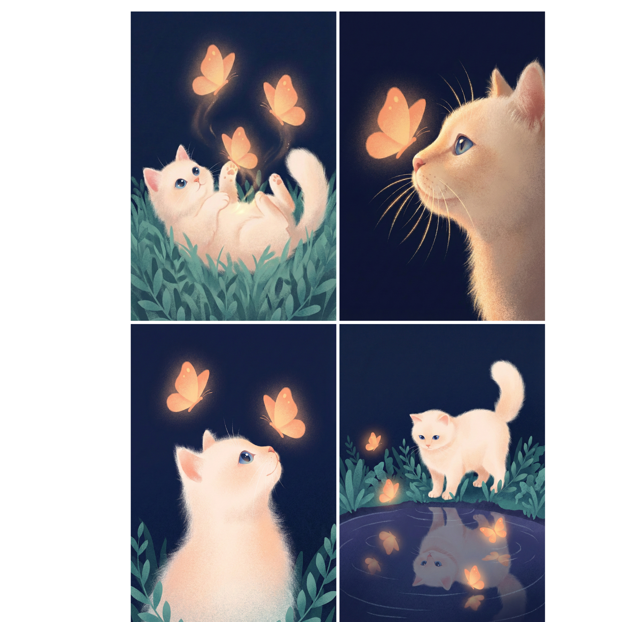 Four soft glowing illustrations of a fluffy white kitten with blue eyes playing with luminous orange butterflies against a deep navy night sky. One scene shows the kitten lying in leafy grass reaching up at three glowing butterflies, while others capture close up profiles and the kitten standing beside a small pond where the butterflies reflect in the water. The gentle lighting and dreamy atmosphere give this wall art set a whimsical magical feel perfect for nurseries or cozy spaces.