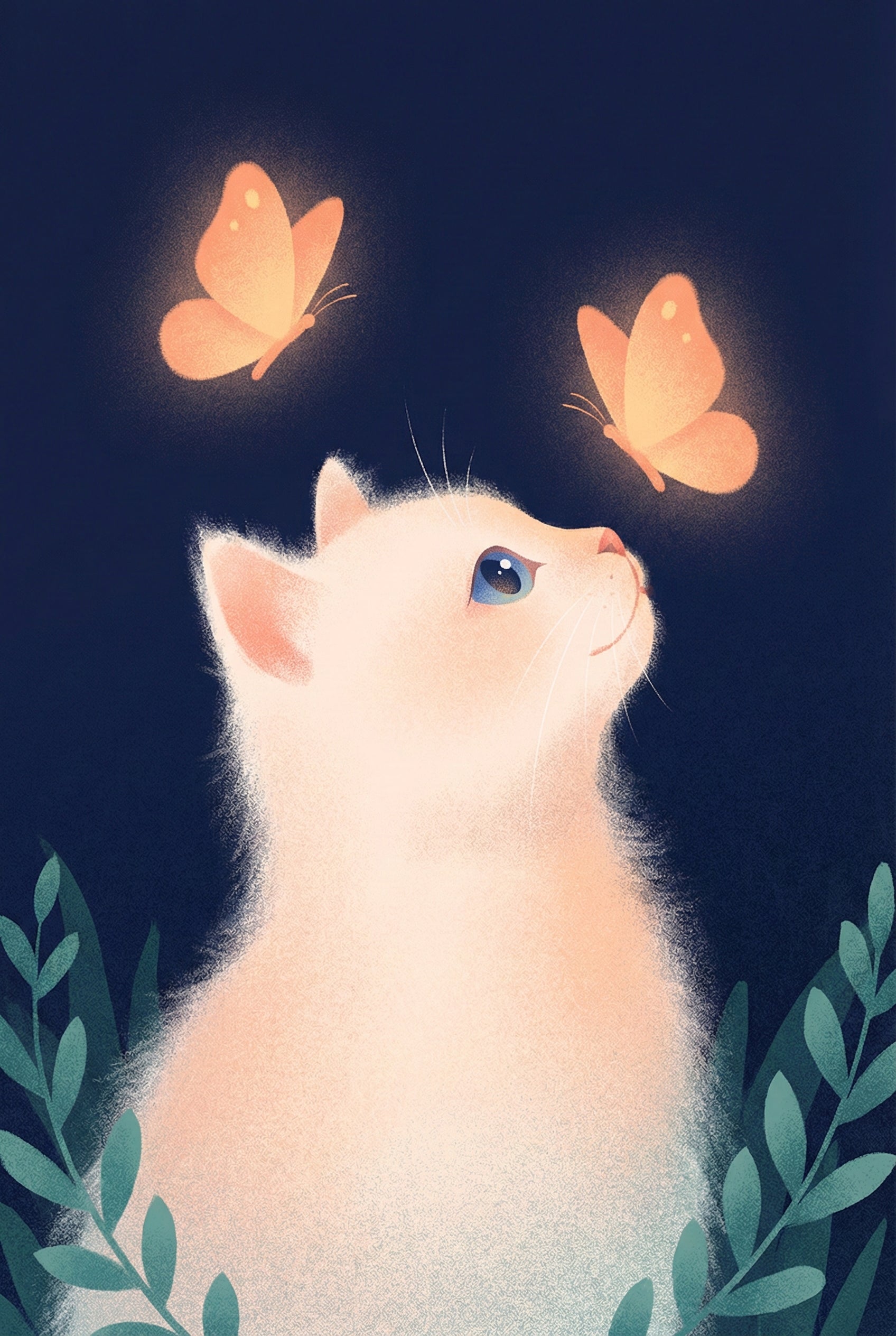 A soft digital illustration of a fluffy, pale pink and white cat looking up with large blue eyes. Two glowing orange butterflies hover above the cat's head, casting a warm light on its fur. The background is a solid dark navy blue, and several muted green leafy plants are visible at the bottom. The entire scene has a gentle, dreamy quality with soft, fuzzy edges and an ethereal glow emanating from the butterflies.