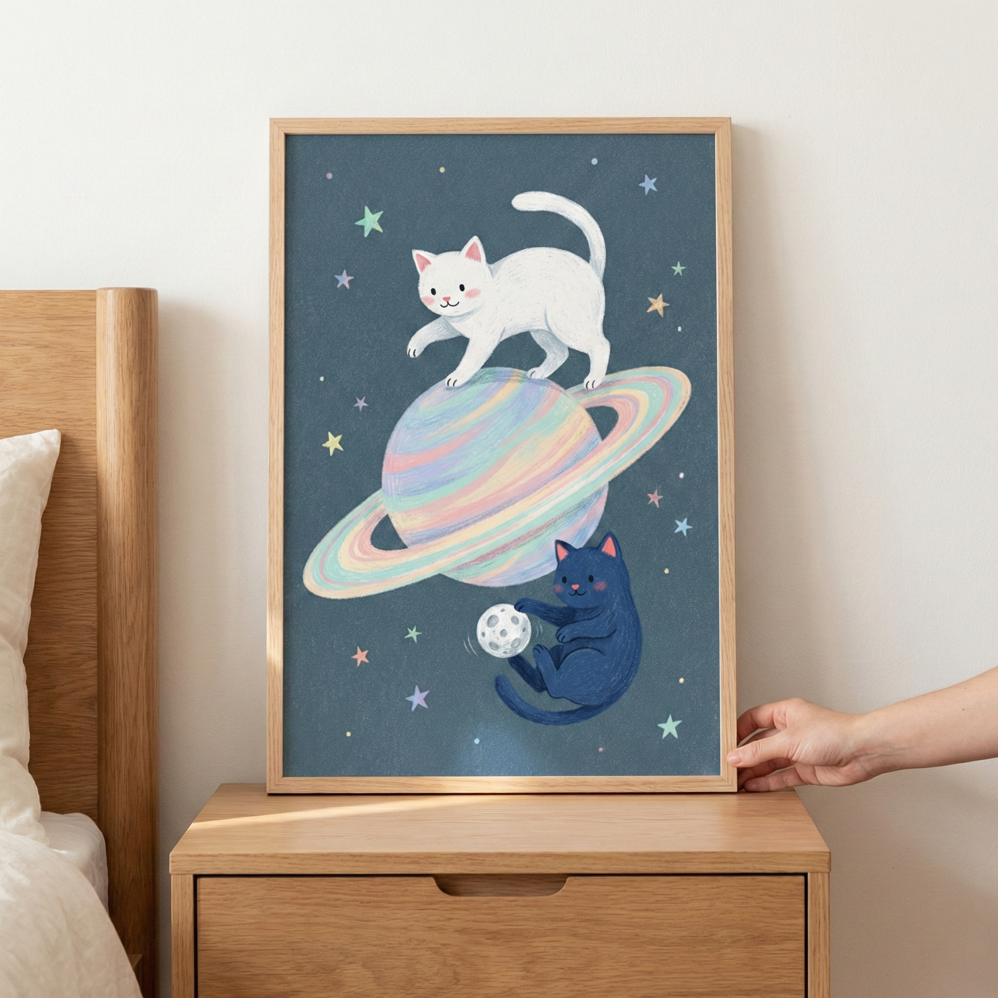 A rectangular wooden frame sits on a matching wooden nightstand next to a bed. Inside is an illustration of a whimsical space scene on a dark blue background. A white cat walks atop a large, pastel-colored ringed planet. Below, a dark blue cat floats, playfully holding a small white moon. Small, colorful stars in various shades are scattered across the scene. To the right, a person's hand touches the frame. The style is soft and cute, featuring simple shapes and a textured finish.