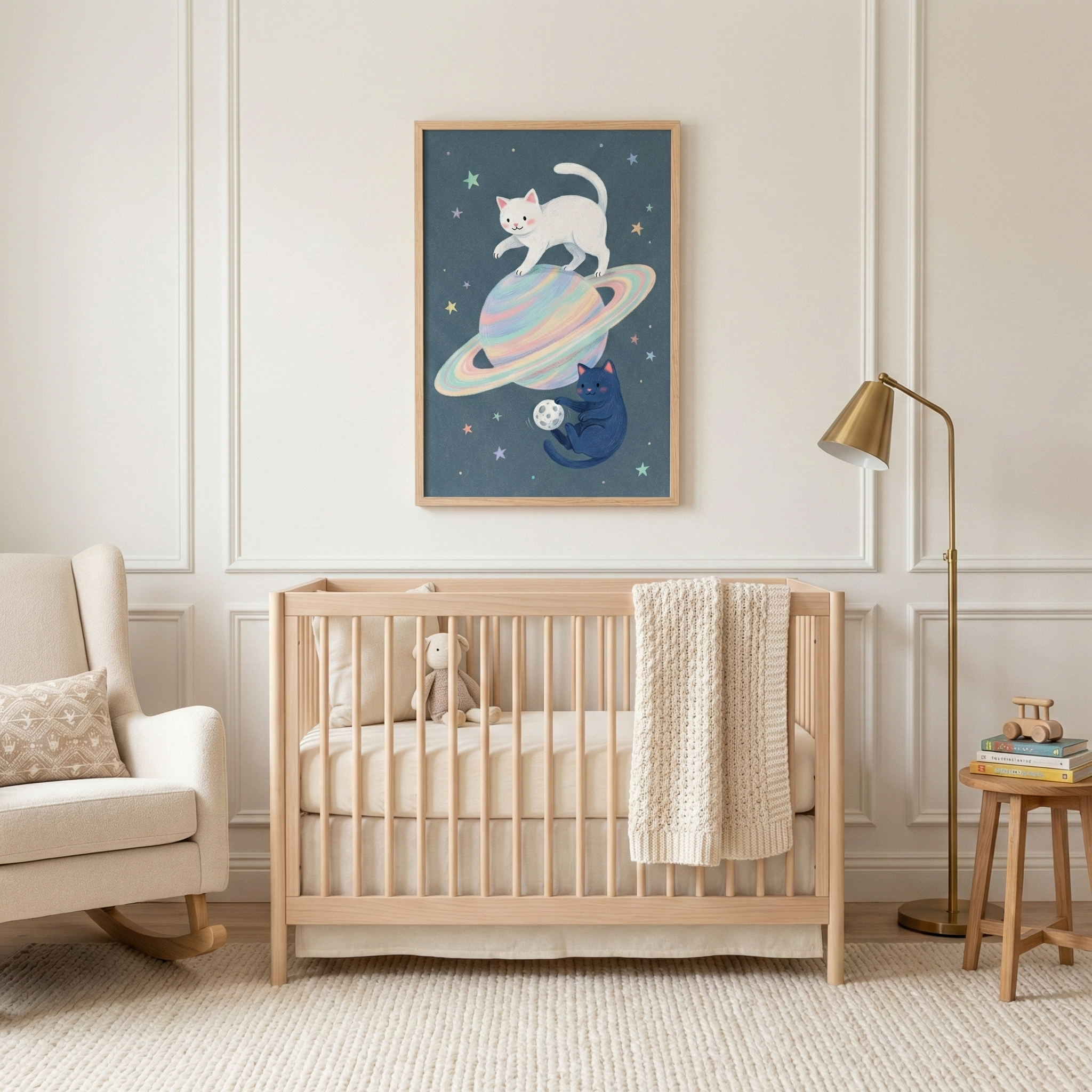 A serene nursery features a light-toned wooden crib centered against a wall with elegant panel molding. Inside the crib sits a neutral pillow, a small plush toy, and a thick cream knit blanket draped over the side. Hanging above the crib is a framed illustration of two cats in space: a white cat walks atop a pastel-ringed planet while a dark blue cat floats below, holding a moon. To the left is a cushioned rocking chair; to the right, a brass floor lamp and a wooden stool with books.