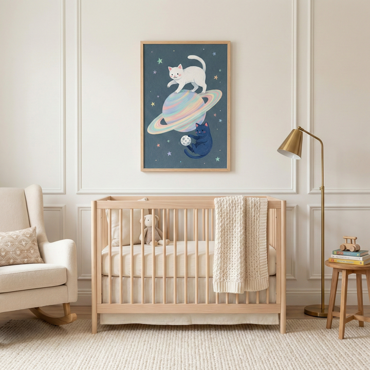 A serene nursery features a light-toned wooden crib centered against a wall with elegant panel molding. Inside the crib sits a neutral pillow, a small plush toy, and a thick cream knit blanket draped over the side. Hanging above the crib is a framed illustration of two cats in space: a white cat walks atop a pastel-ringed planet while a dark blue cat floats below, holding a moon. To the left is a cushioned rocking chair; to the right, a brass floor lamp and a wooden stool with books.