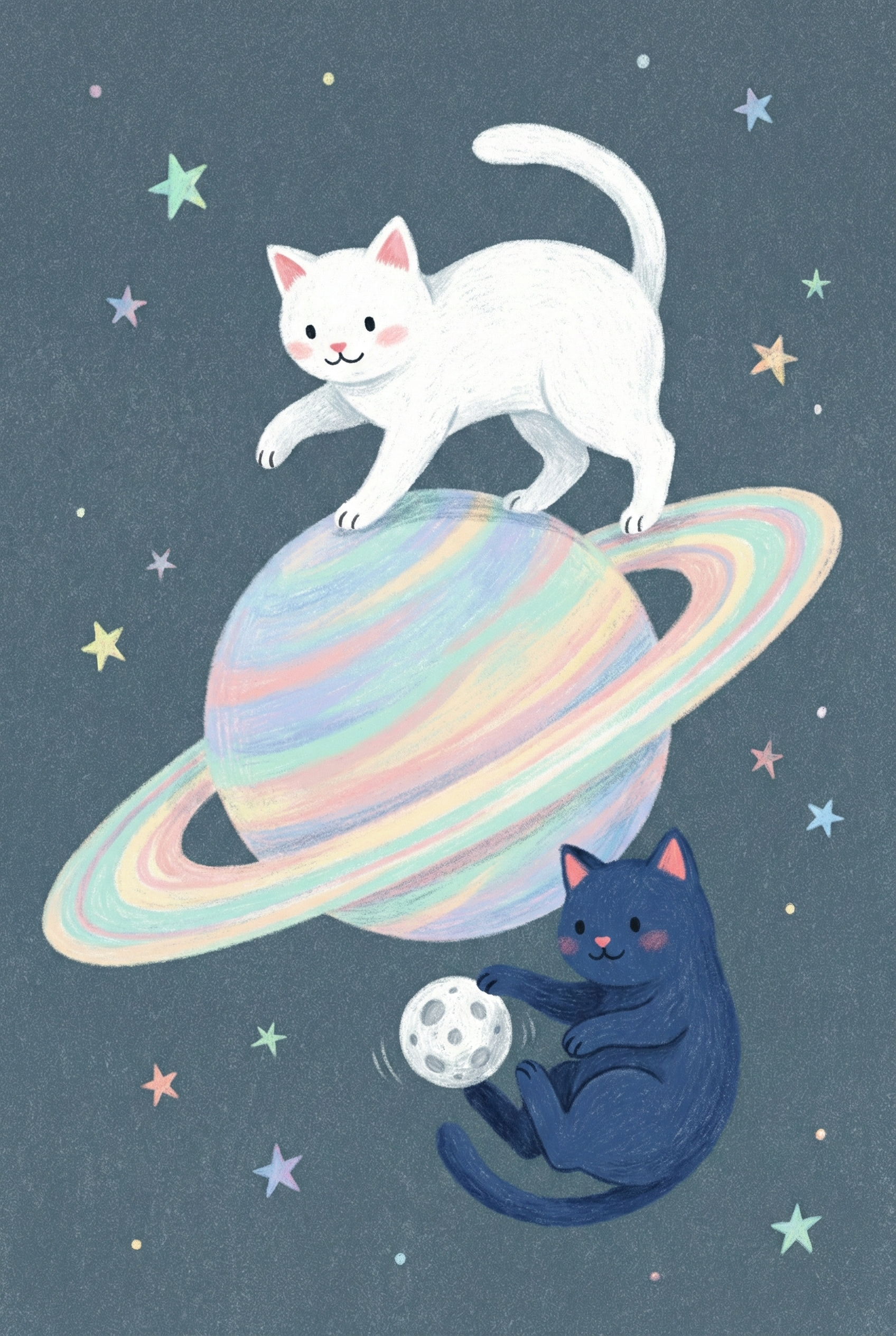 Illustration of a white cat standing on a pastel rainbow ringed planet while a dark blue cat floats below batting at a small cratered moon. Soft multicolored stars dot the muted night sky, creating a gentle outer space scene.

