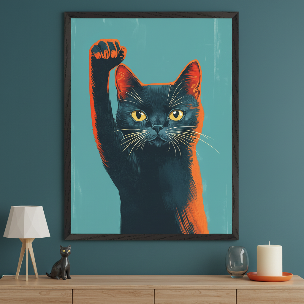 Modern room with a light wood dresser. A large framed print of a black cat with one paw raised in a fist, in a graphic style with orange and teal colors, hangs centered above the dresser. A small black cat figurine, a lamp, and a candle are on the dresser.