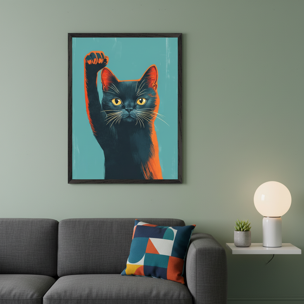 Modern living room with a gray sofa. A framed pop art print of a black cat with a raised right fist, yellow eyes, and orange highlights on a teal background hangs above the sofa. A patterned cushion, white lamp, and succulent are also visible.