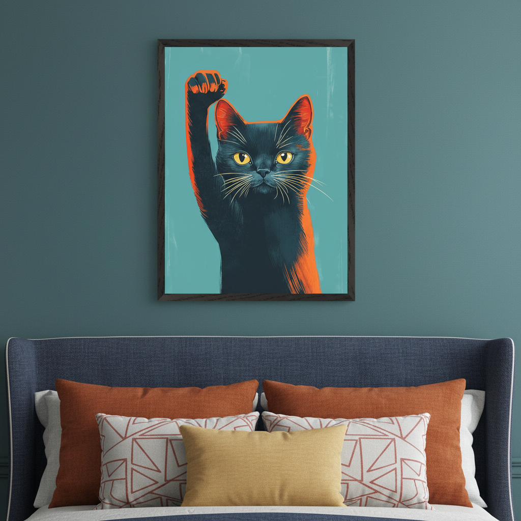Modern bedroom with a blue upholstered bed. A framed graphic illustration of a black cat with yellow eyes and orange highlights, raising a paw in a fist, hangs centered above the bed.