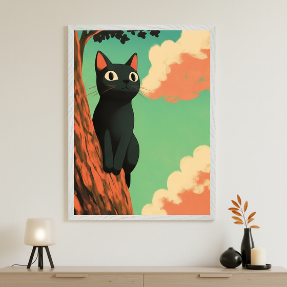 Modern room with a light wood console table. A framed cartoon-style illustration of a black cat on an orange tree trunk, against a green sky with orange clouds, hangs above the table. A lamp and decorative objects are on the table.