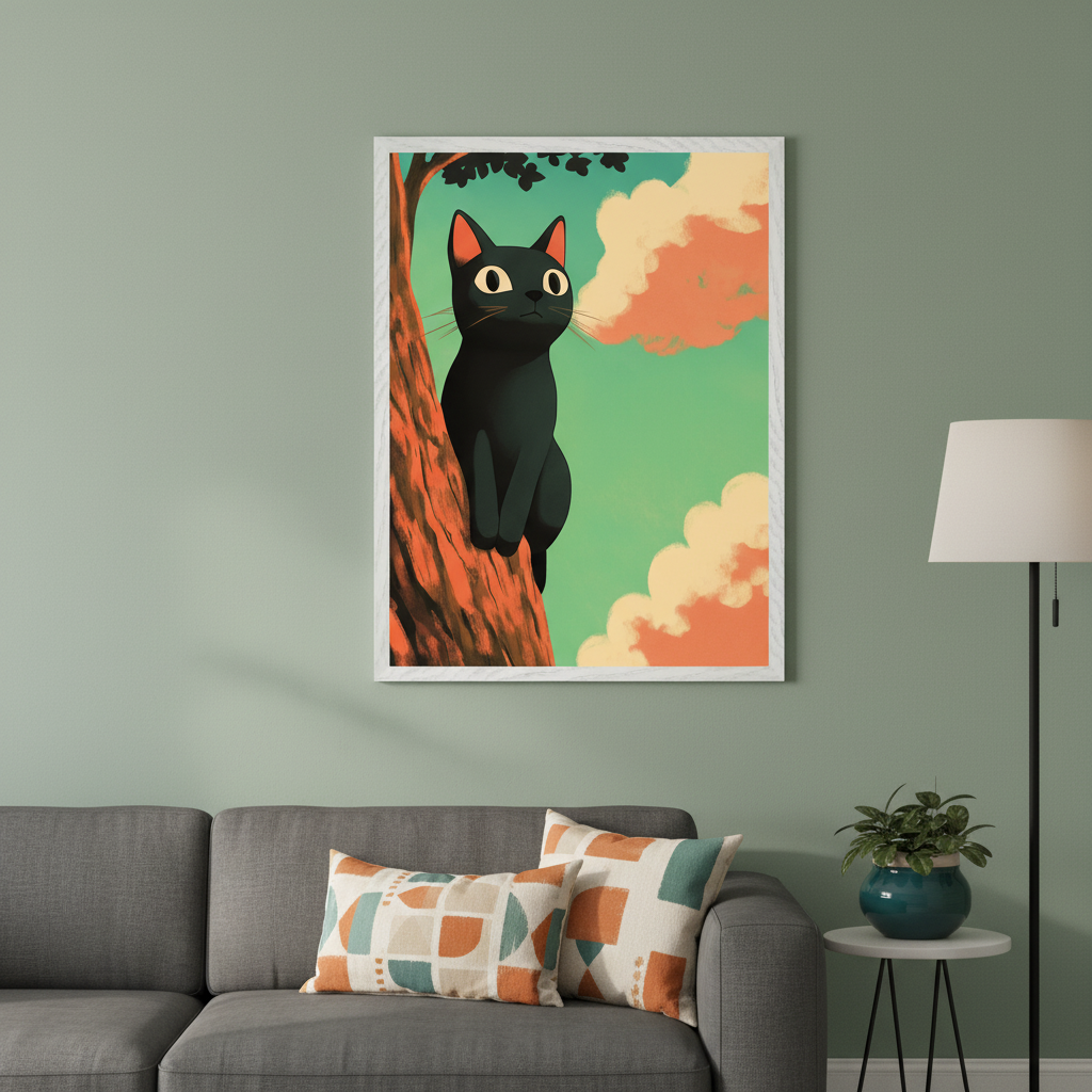 Modern living room with a gray sofa. A framed stylized illustration of a black cat on an orange-brown tree trunk against a teal sky with orange clouds hangs above the sofa. A floor lamp and a small side table with a plant are visible to the right.