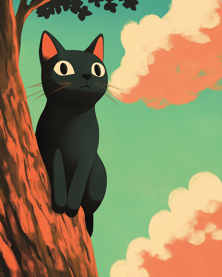 A black cat with large, curious eyes and orange inner ears sits perched on a tree branch against a backdrop of a sky with fluffy orange and white clouds.