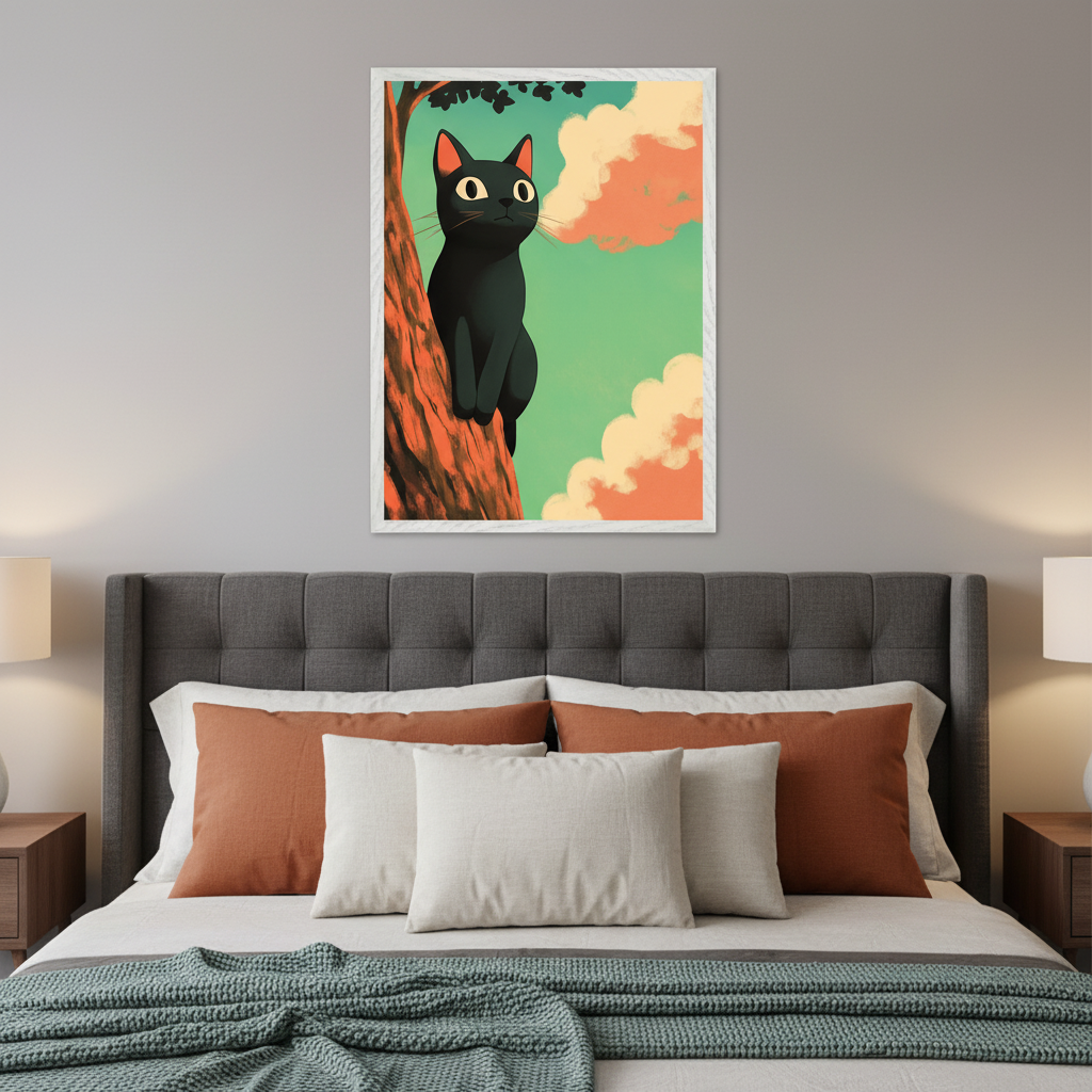 Modern bedroom with a dark gray tufted bed and two nightstands. A framed print of a black cat on a tree with a teal sky and orange clouds, in a cartoon style, hangs centered above the bed.