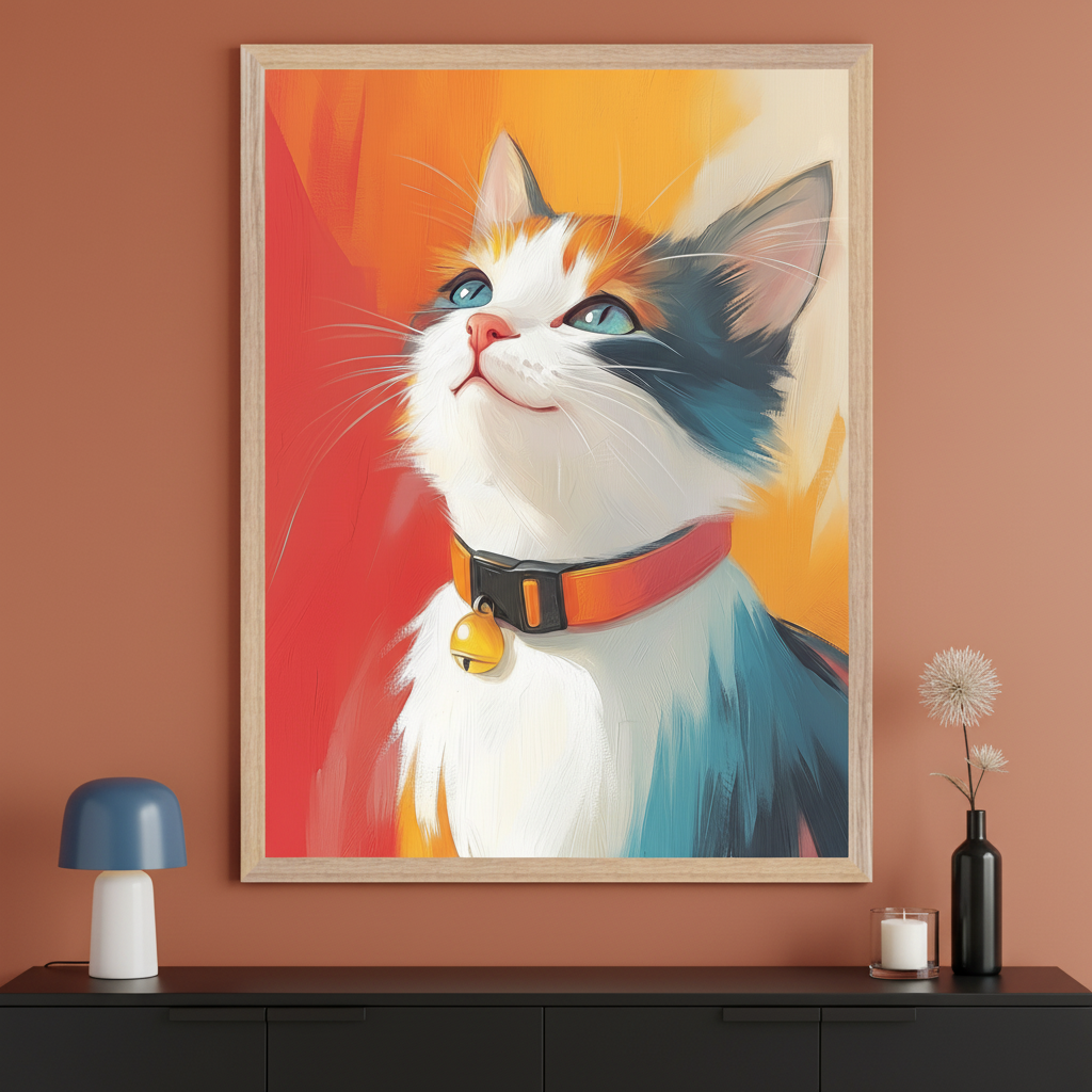 Modern room with a rust-colored wall and a black console table. A large framed painting of a calico cat with blue eyes, an orange collar, and a bell, looking up, is centered above the table. The artwork has a vibrant, painterly style with a red and orange background.