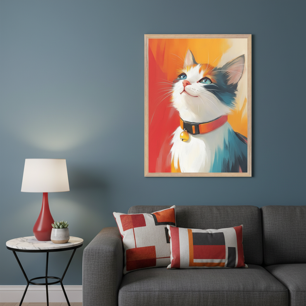 Modern living room with a gray sofa and a side table with a red lamp. A framed, vibrant, painterly portrait of a calico cat with a bell collar, looking upwards, hangs on a blue wall above the sofa.