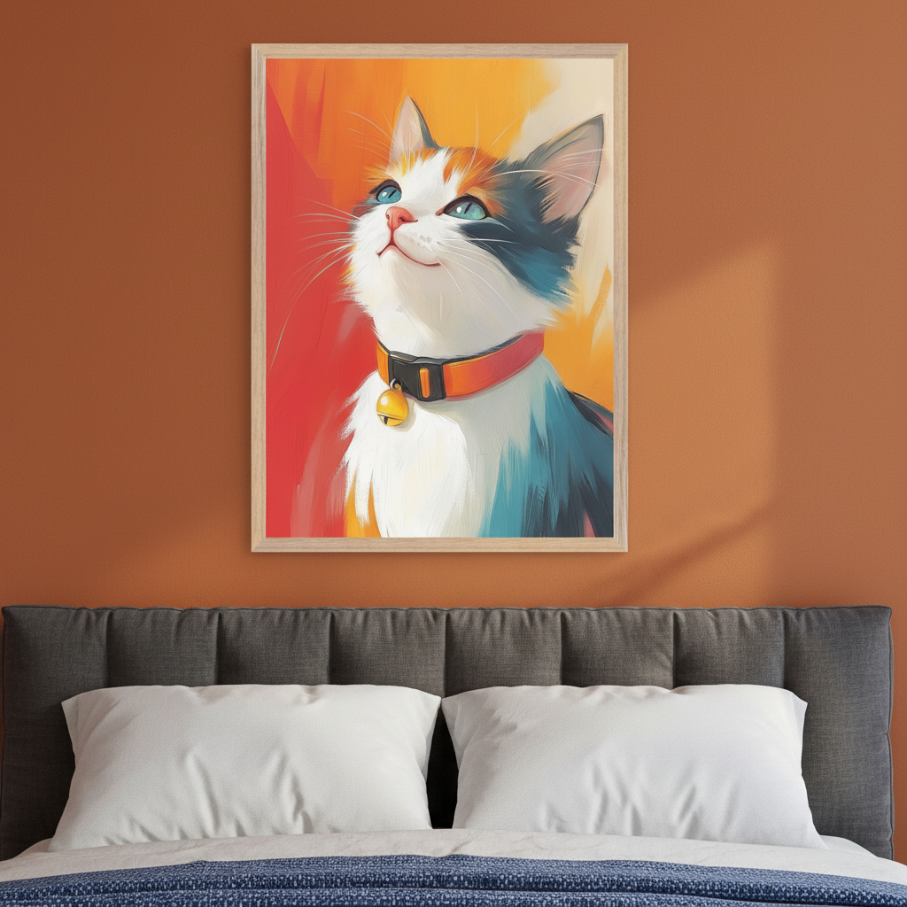 Modern bedroom with a dark gray upholstered headboard. A framed, colorful, painterly art print of a calico cat with a bell collar looking upwards hangs on an orange wall above the bed.