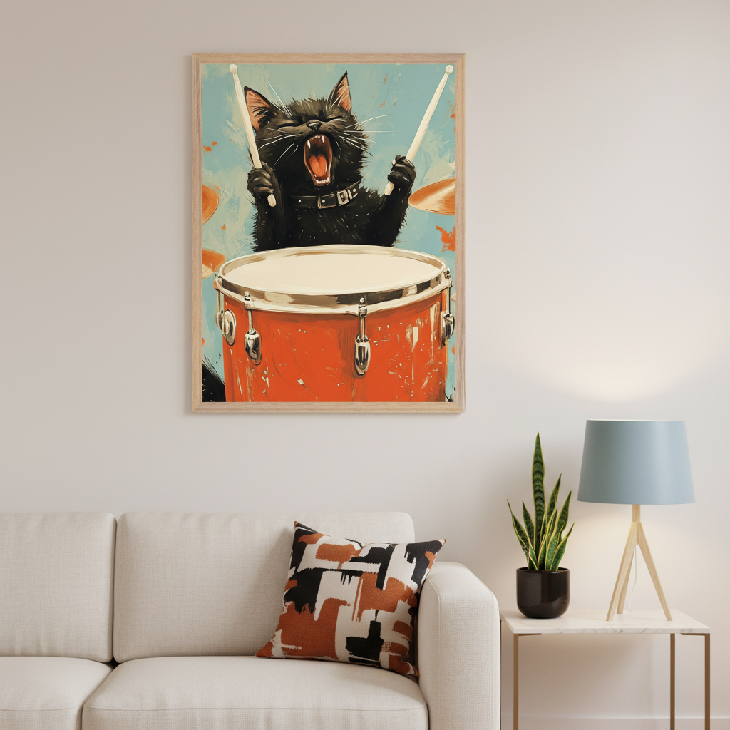 Modern living room with a white sofa. Above the sofa, a framed painting of a roaring black cat drumming with an orange drum, in a vibrant painterly style. A patterned pillow sits on the sofa, a lamp and plant on a side table.