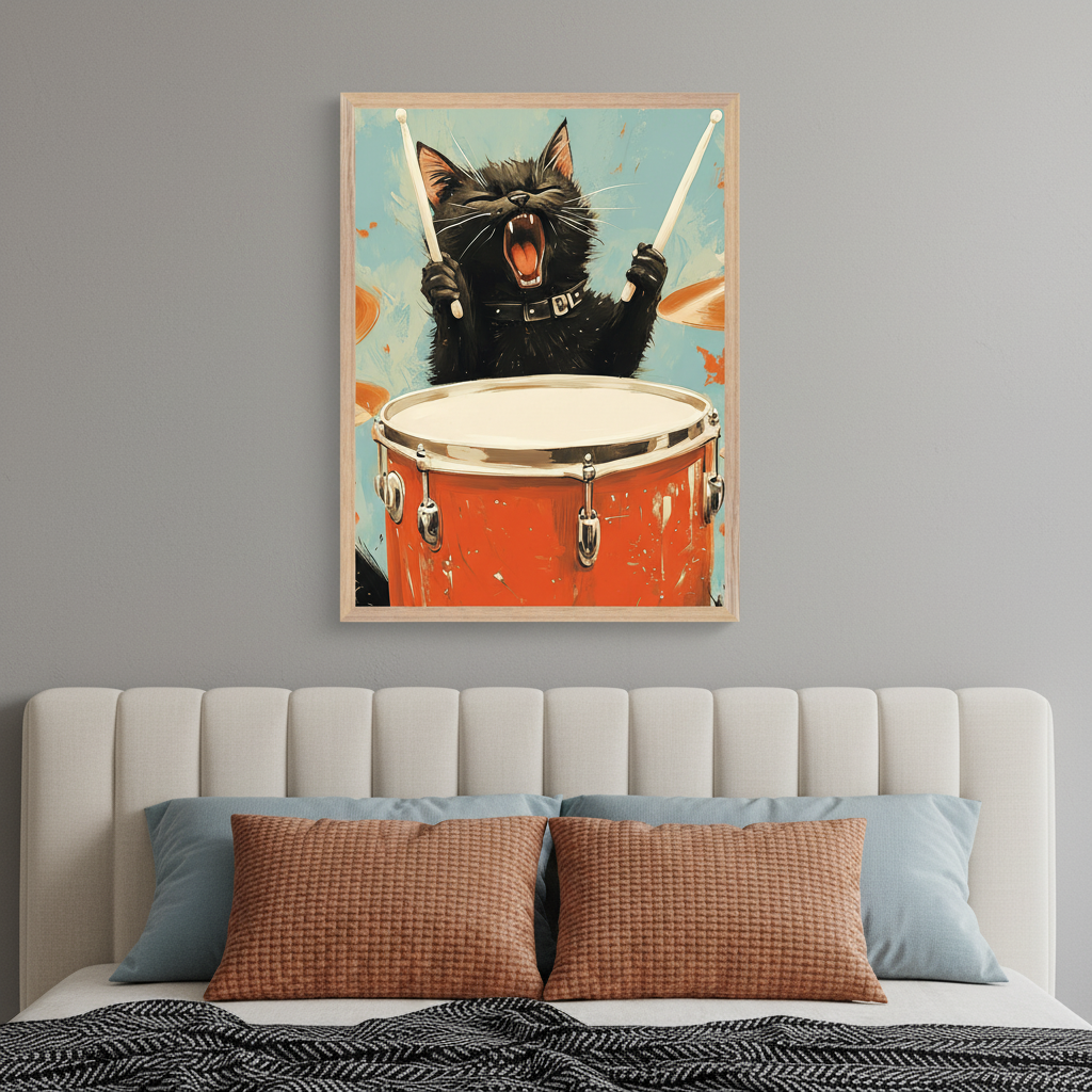 Modern bedroom with a bed featuring a light-colored, fluted headboard. A framed vertical print hangs centrally above the bed, depicting an expressive black cat with its mouth open, holding drumsticks and playing an orange drum against a light blue background.