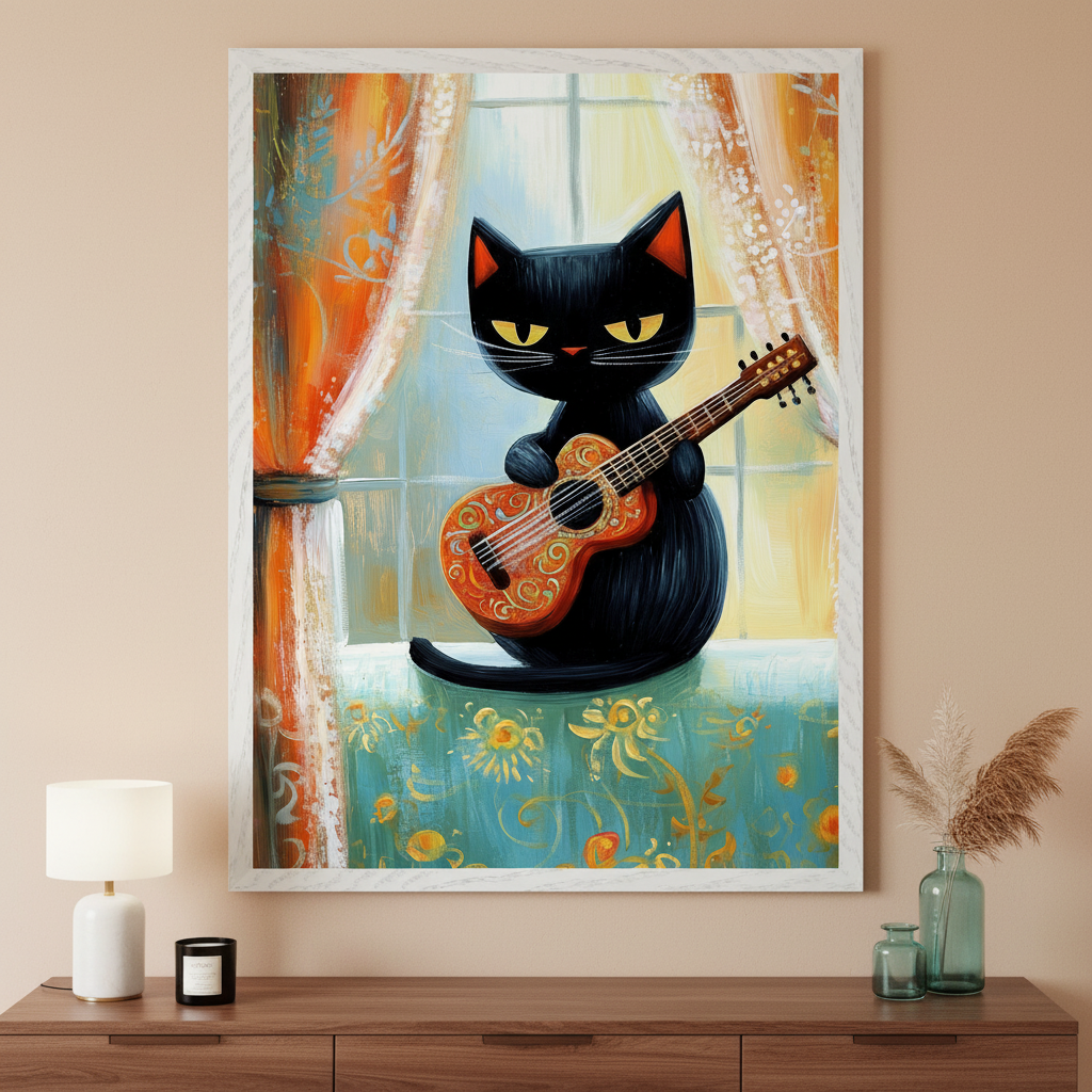 Modern living room with a dark wooden console table. A large white-framed painting of a black cat with yellow eyes playing an orange guitar, sitting on a teal patterned surface by a window with orange curtains, hangs above the table.