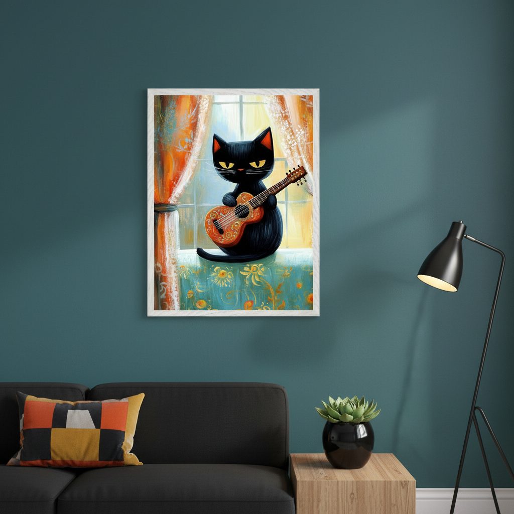 Modern living room with a dark gray sofa, wooden side table, and black floor lamp. A framed painting of a black cat with yellow eyes playing an ornate brown guitar on a patterned window sill with orange curtains hangs centered above the sofa.
