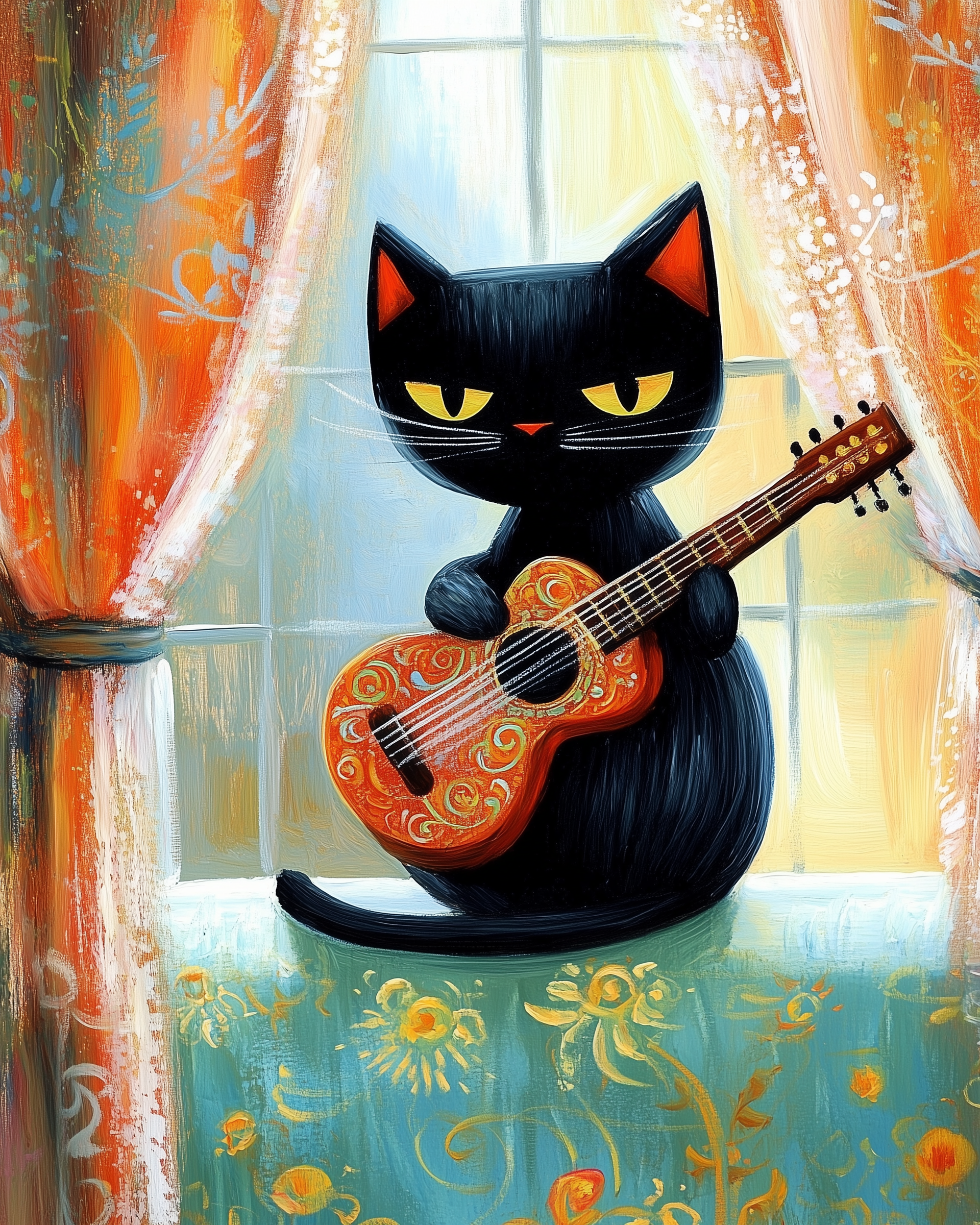 A whimsical black cat with bright yellow eyes holds a decorative orange guitar, sitting on a patterned blue surface. The background features colorful, floral curtains and a window, creating a cozy, artistic ambiance.