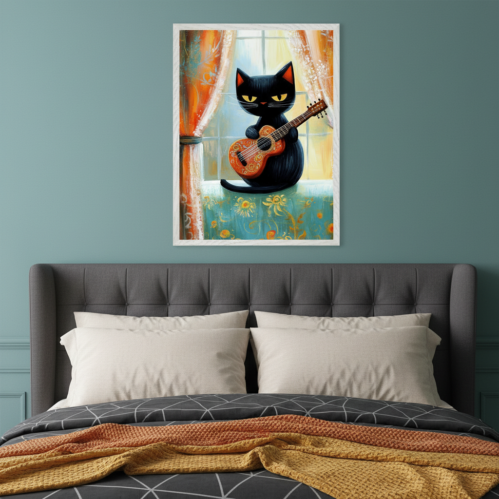 Modern bedroom with a gray upholstered bed. A framed print of a black cartoon cat playing a ukulele by a window with orange curtains hangs centered above the bed.