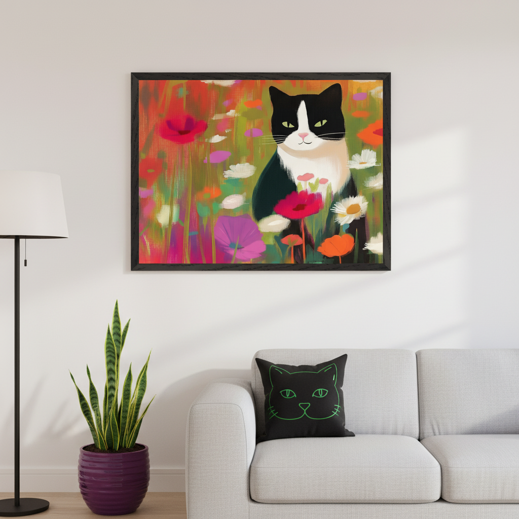 Living room with a light gray sofa and a black floor lamp. A large framed painting of a black and white cat in a colorful, vibrant flower field hangs above the sofa. A black throw pillow with a green cat outline is on the sofa.