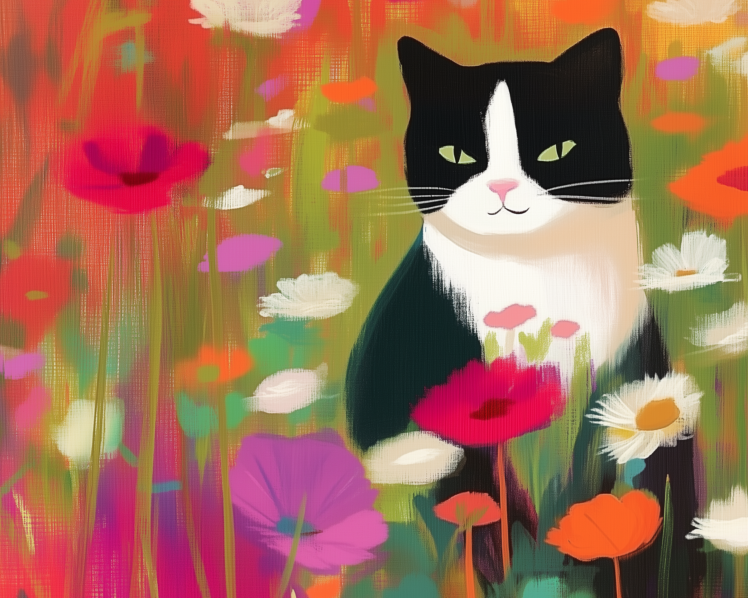 A black and white cat sits amidst a vibrant field of colorful flowers, including red, pink, and orange blooms, with a soft, painterly style.