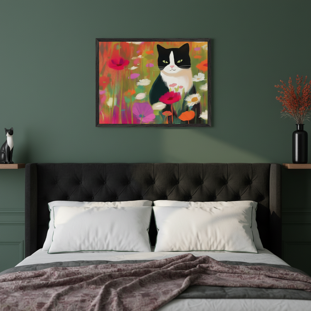Bedroom with a dark gray upholstered bed and tufted headboard. A framed print featuring a black and white cat in a colorful, impressionistic flower field hangs centered above the bed. A black and white cat figurine is on a left shelf, and a black vase with red dried flowers is on a right shelf.
