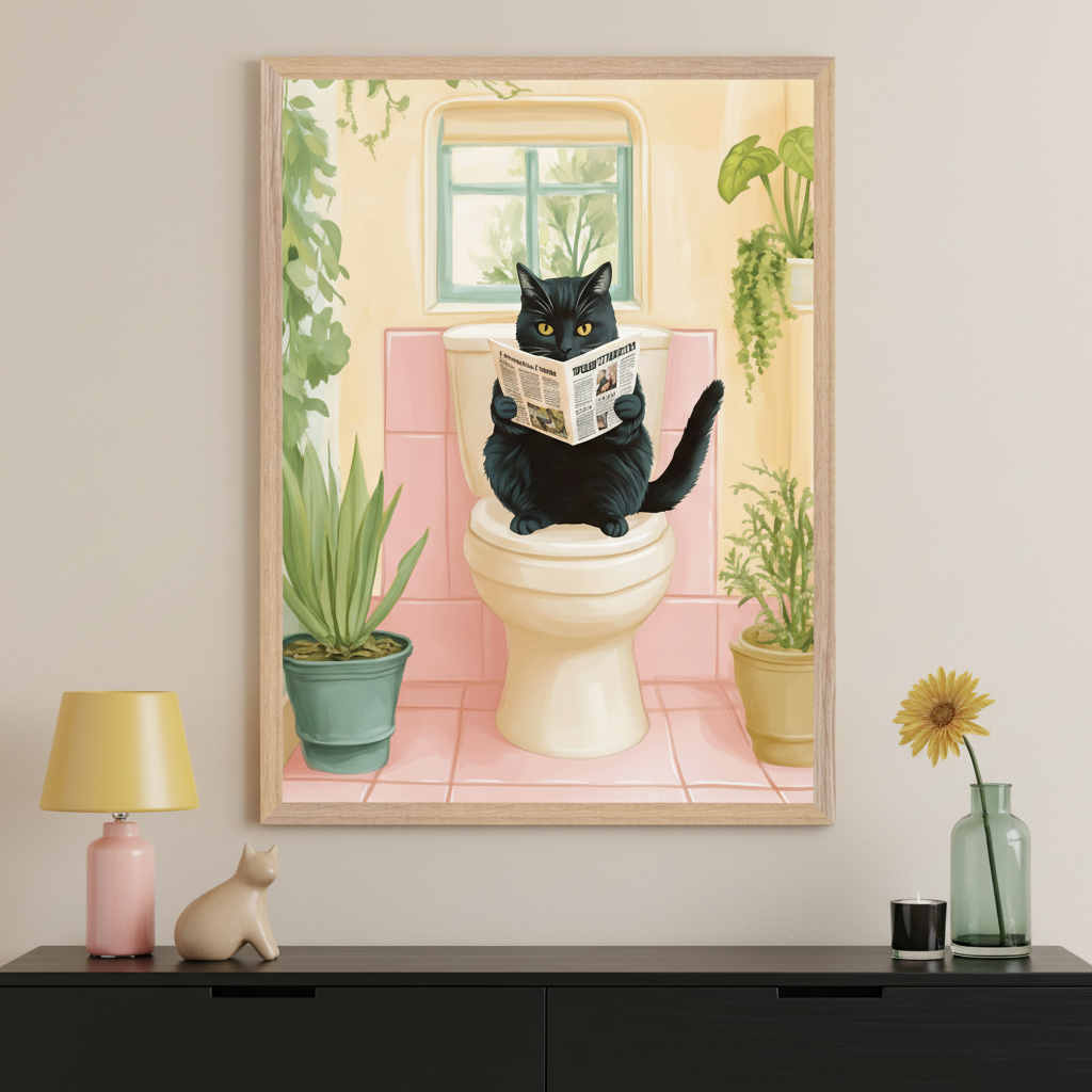 Modern living room with a black console table. A large framed illustration of a black cat sitting on a toilet reading a newspaper, surrounded by plants in a pink and yellow bathroom, hangs centered above the table.