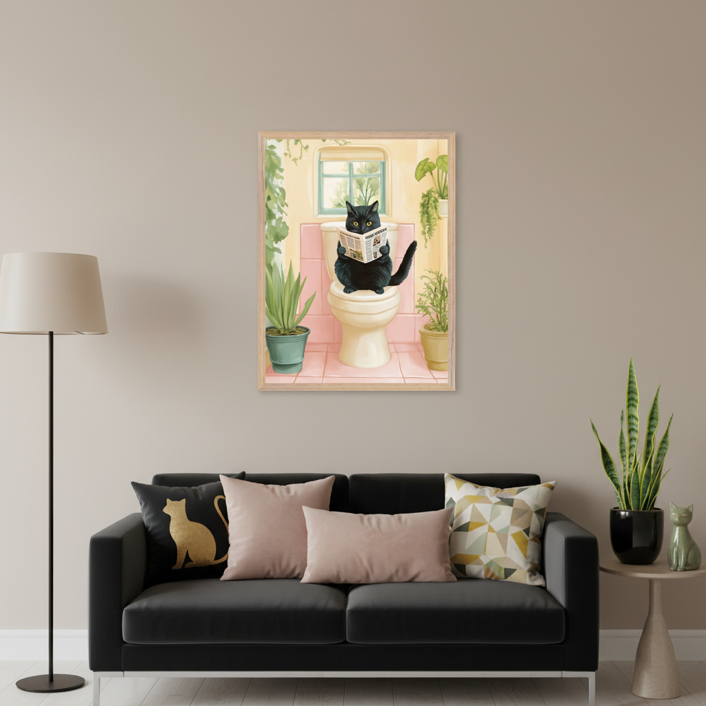 Modern living room with a black sofa. A framed illustration of a black cat on a toilet reading a newspaper in a pink bathroom with plants hangs above the sofa.