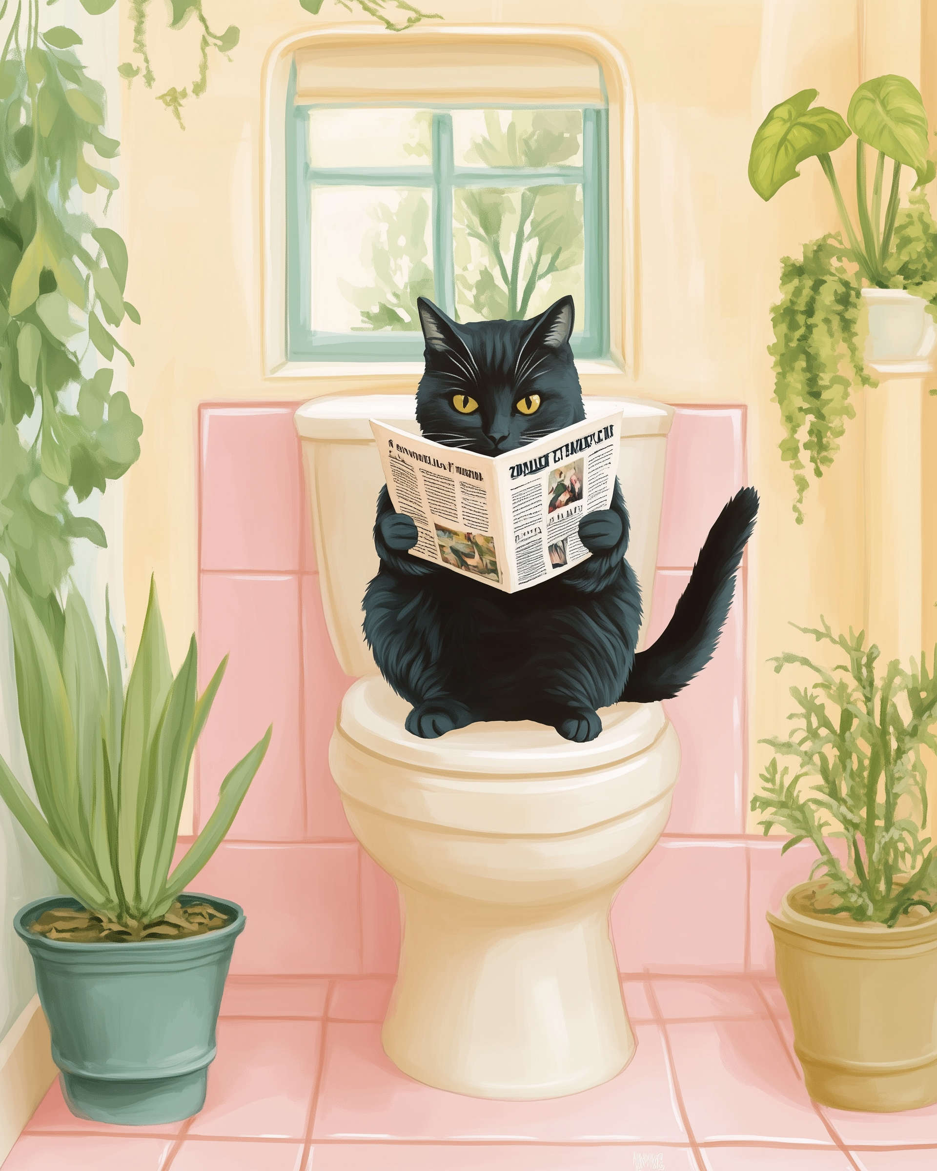 A black cat sits humorously on a toilet, holding a newspaper in a bright bathroom adorned with potted plants and pastel pink tiles.