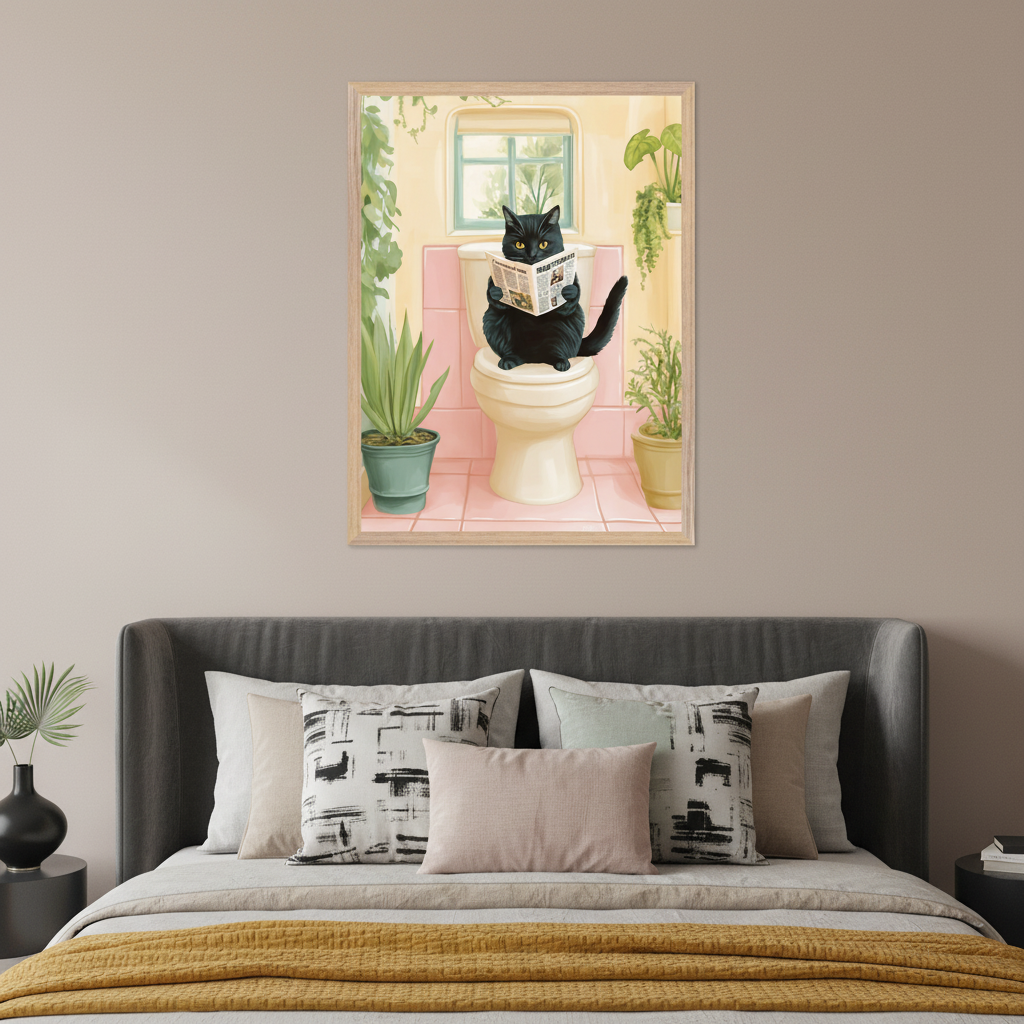 Modern bedroom with a gray upholstered bed. A framed illustration of a black cat reading a newspaper on a toilet in a plant-filled pink bathroom hangs centered above the bed.