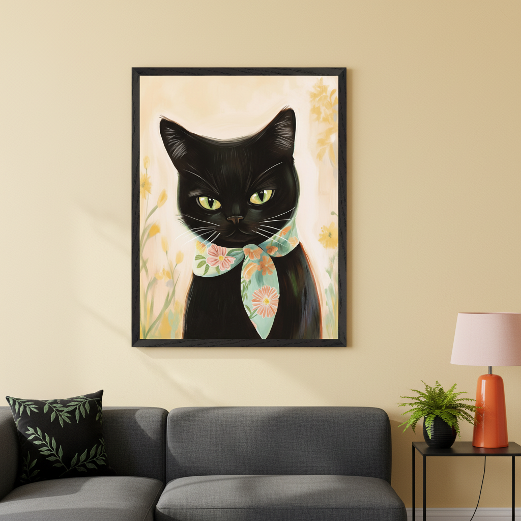 Modern living room with a grey sectional sofa. A framed painting of a black cat with green eyes wearing a floral scarf hangs centered above the sofa. A black side table with an orange lamp and a plant is to the right.