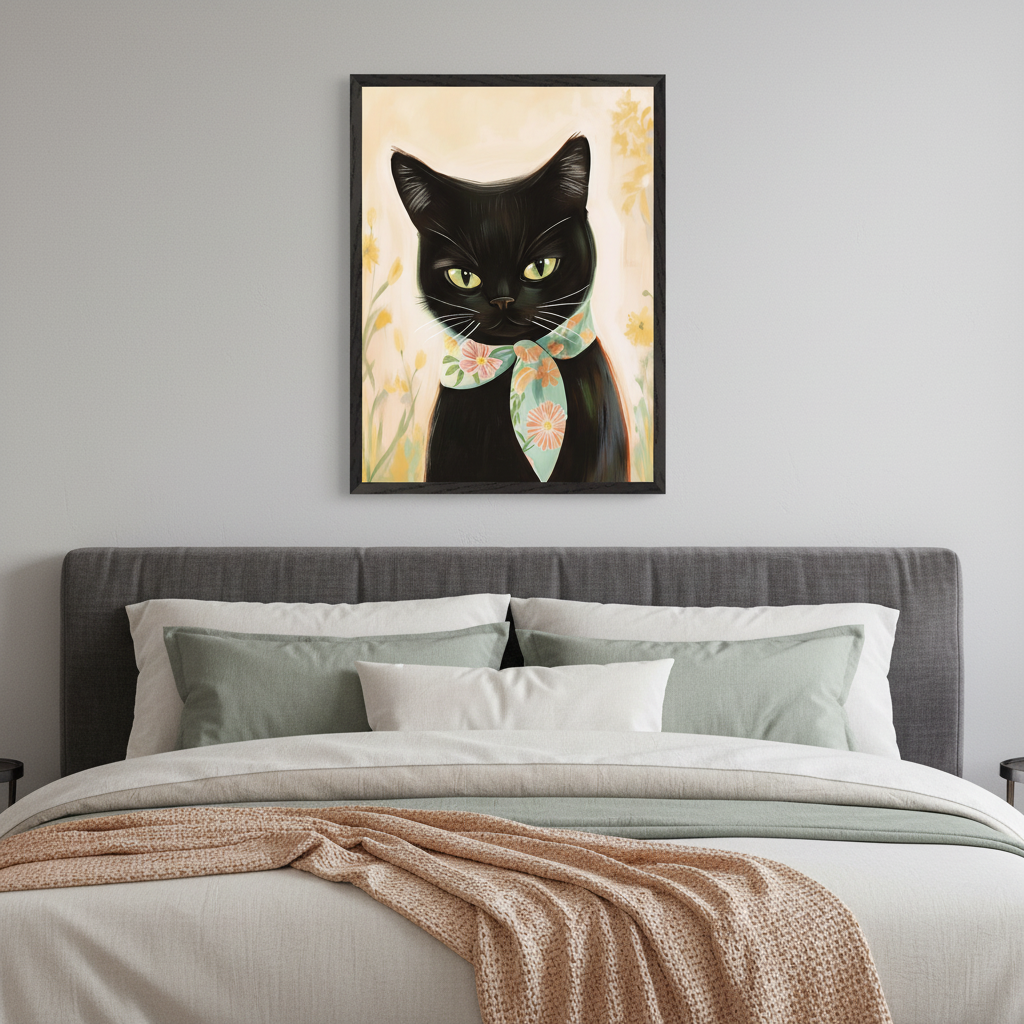 Modern bedroom with a gray upholstered bed. A framed painting of a black cat with green eyes wearing a floral scarf, against a pale yellow background with flowers, hangs centered above the bed.