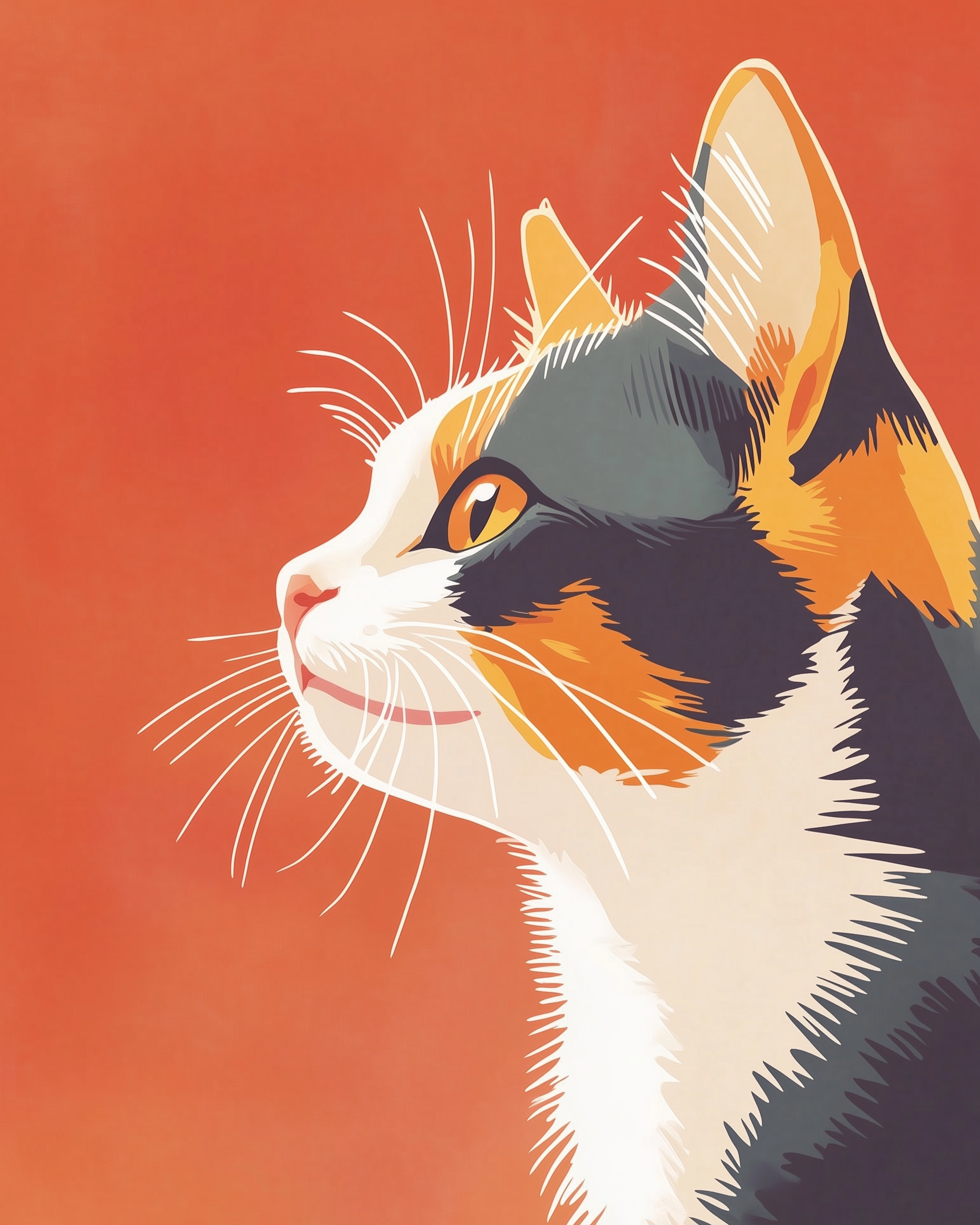 A stylized illustration of a calico cat in profile against a warm orange background, showcasing its striking orange, black, and white fur pattern, with prominent whiskers and attentive golden eyes.