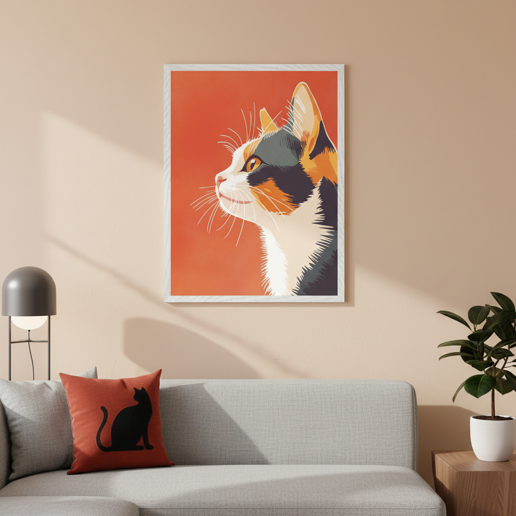Modern living room with a gray sectional sofa. A framed modern illustration of a calico cat in profile, facing left, on an orange background, hangs above the sofa. A floor lamp is to the left, and a potted plant on a wooden side table is to the right. A red pillow with a black cat silhouette rests on the sofa.