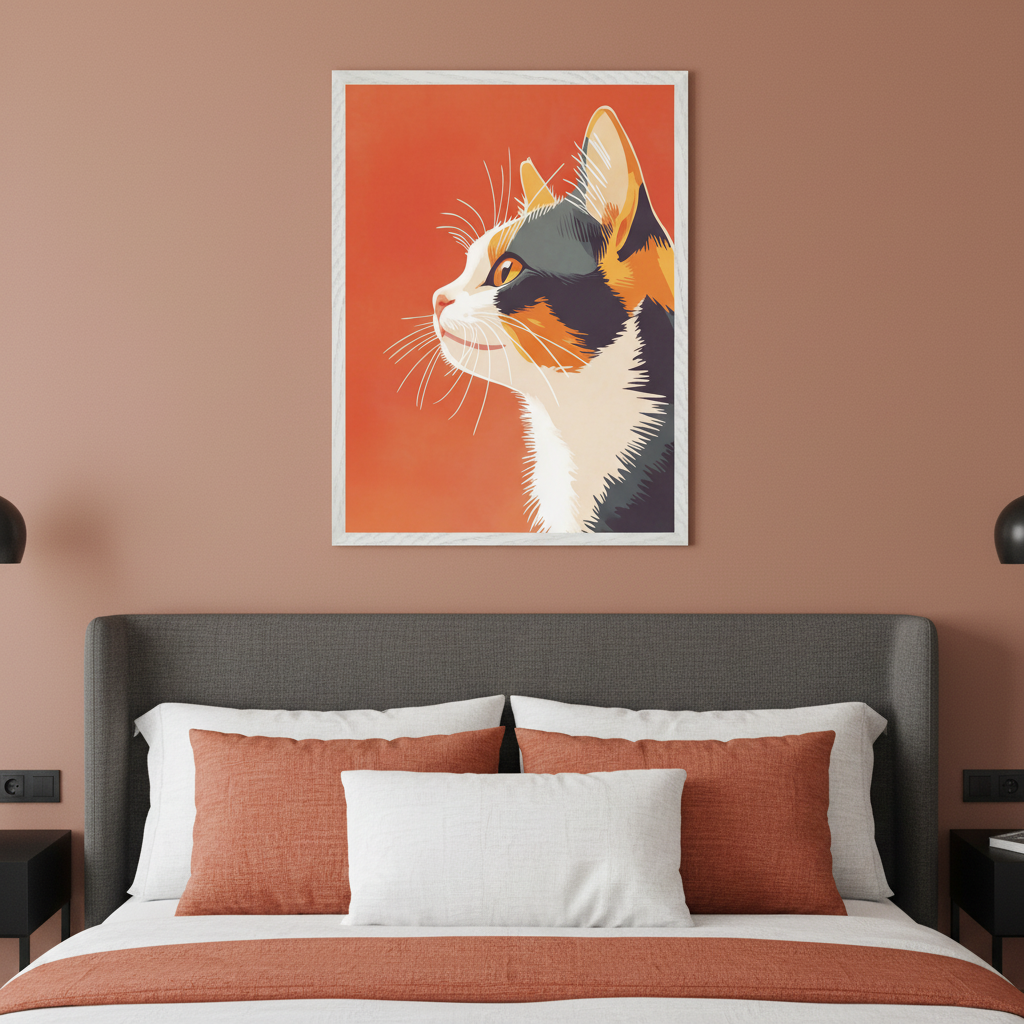 Modern bedroom with a dark gray upholstered bed. A framed illustrative print of a calico cat looking left on an orange background hangs centered above the bed.