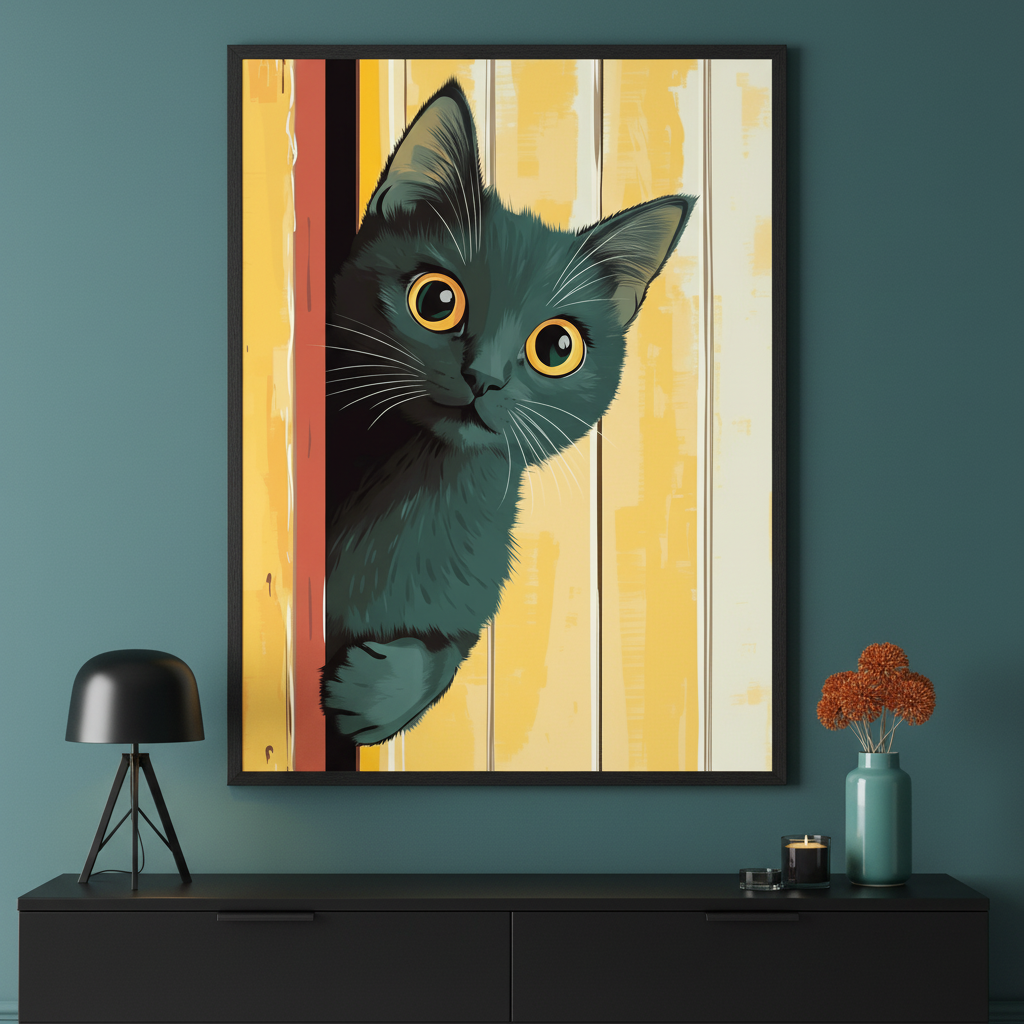 Modern living room with a black console table against a teal wall. A large framed graphic illustration of a black cat with big yellow eyes peeking from behind a yellow and red panel hangs centered above the console table.