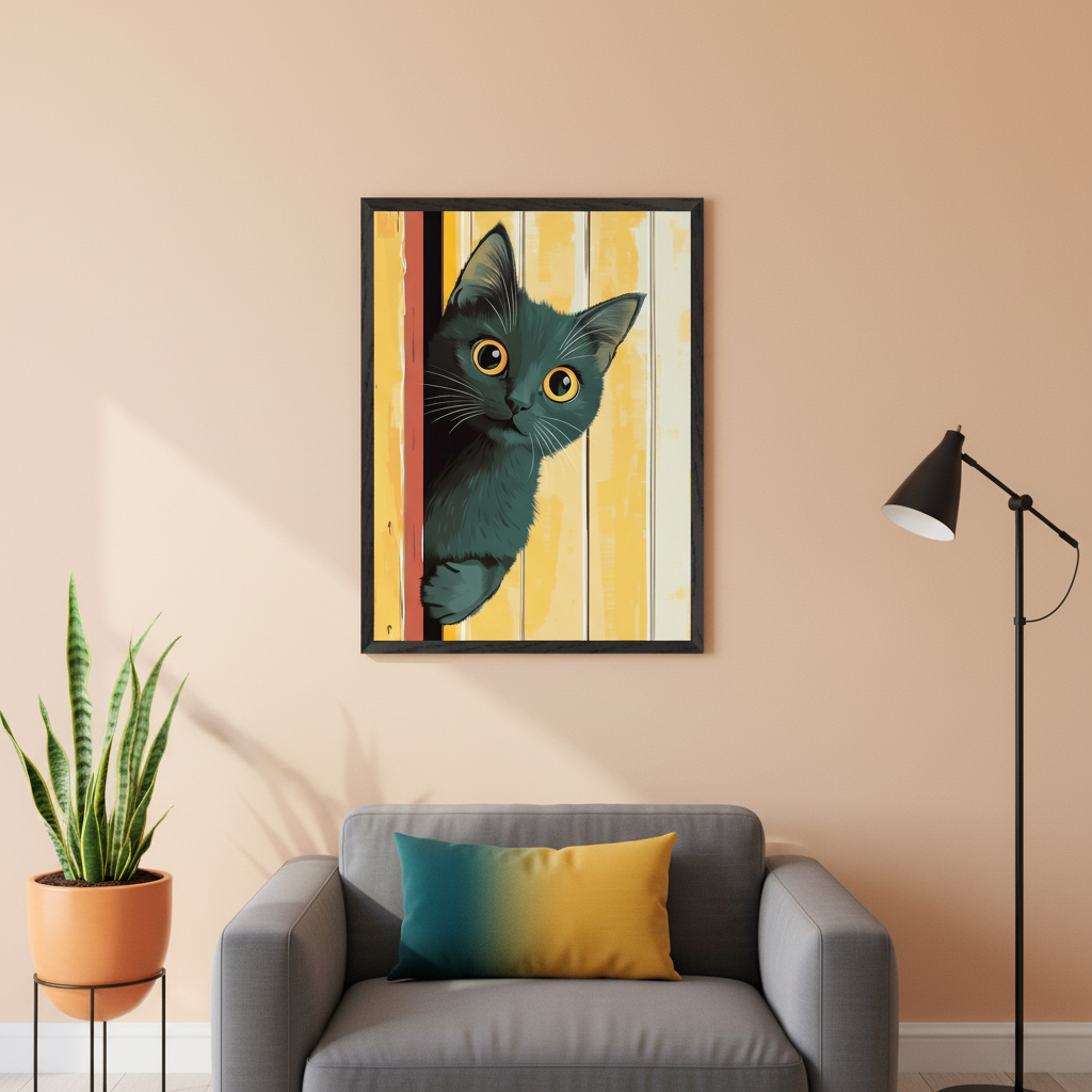 Modern living room with a grey sofa, black floor lamp, and potted plant. A framed artwork of a black cat with yellow eyes peeking from behind yellow planks, in a cartoon style, hangs centered above the sofa.