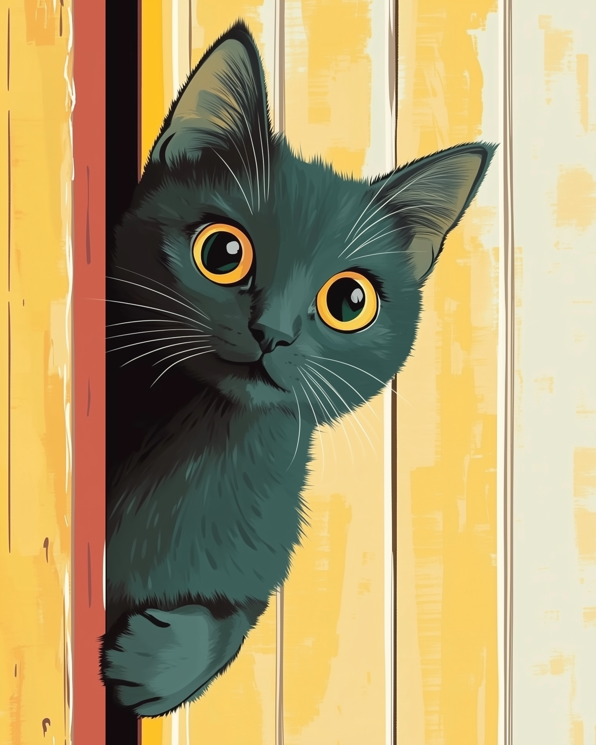 A curious black cat with large, bright orange eyes peeks through a narrow gap in a wooden door, which is painted in shades of yellow and orange.