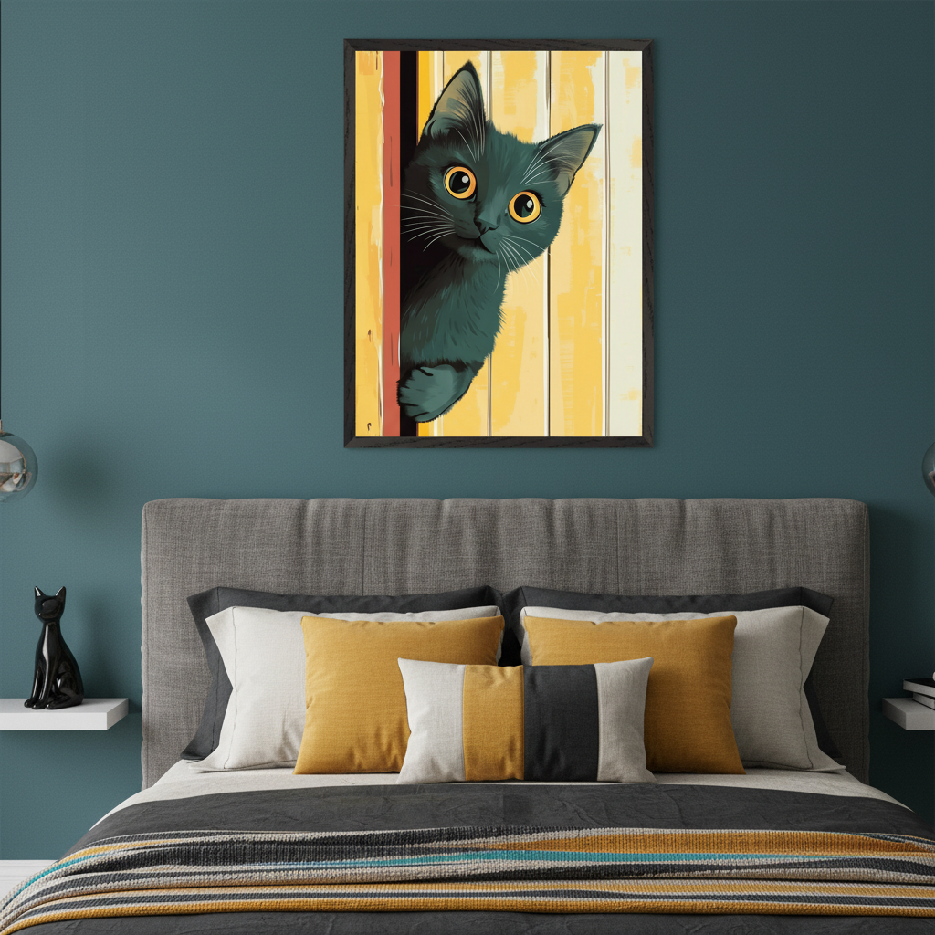 Modern bedroom with a gray upholstered bed. A framed illustration of a black cat with yellow eyes peeking from behind yellow and orange planks hangs centered above the bed.