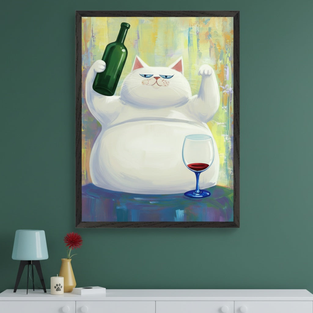 Modern living room with a dark green wall and white credenza. A framed, cartoon-style painting of a plump white cat with a grumpy expression, holding a green wine bottle and flexing, with a wine glass, hangs above the credenza.