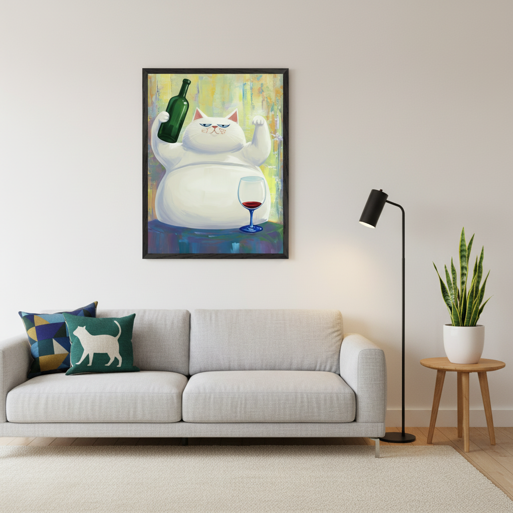Modern living room with a light gray sofa. A framed, colorful painting of a fat white cat holding a green wine bottle and a wine glass hangs centered above the sofa.
