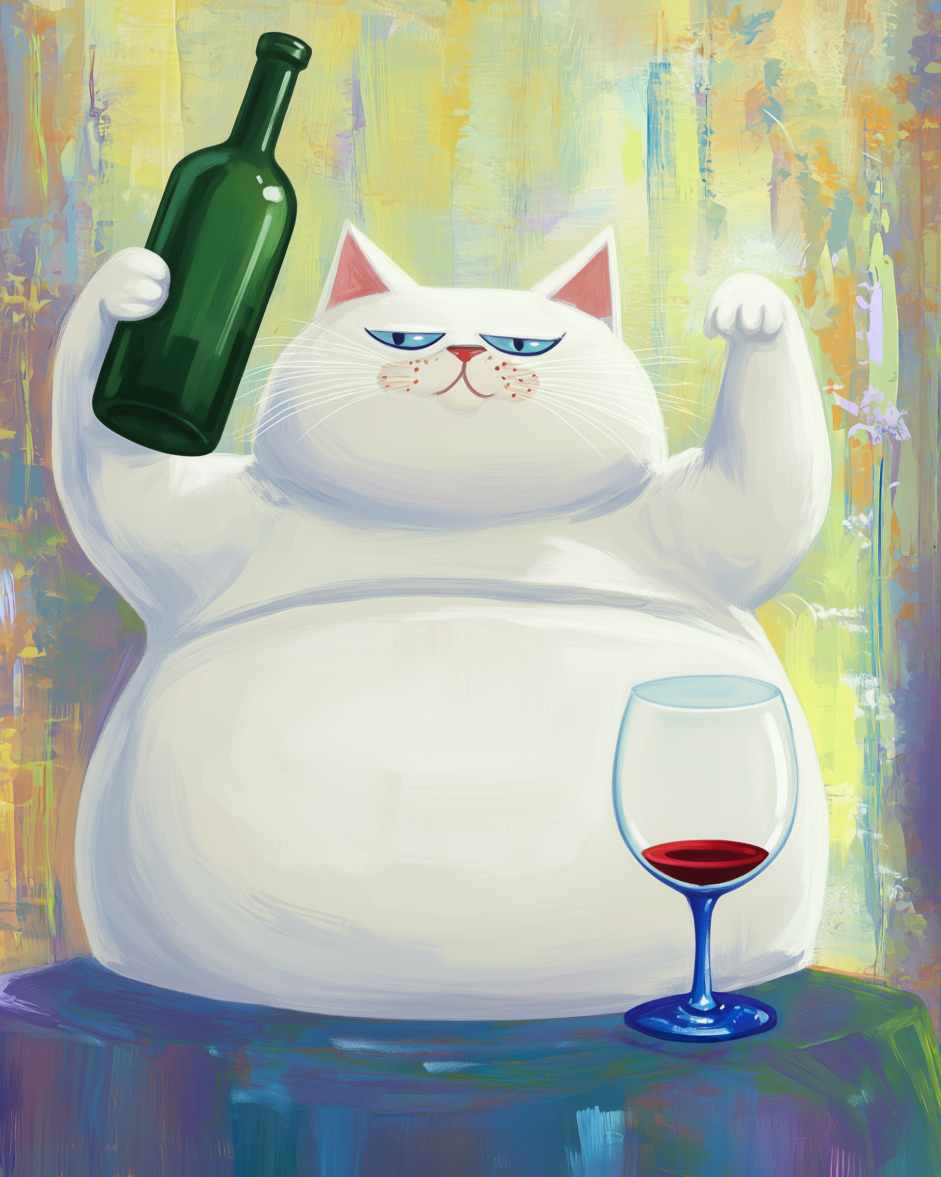 A plump, white cartoon cat with a laid-back expression holds a green wine bottle aloft, while a glass with red wine sits on a table in front of it. The background features an abstract, colorful painting with soft, blended hues.