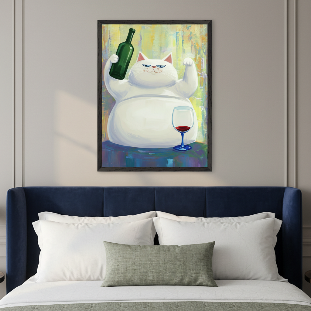 Modern bedroom with a dark blue upholstered bed. A framed whimsical painting of a grumpy, plump white cartoon cat holding a green wine bottle and a wine glass hangs centered above the headboard.