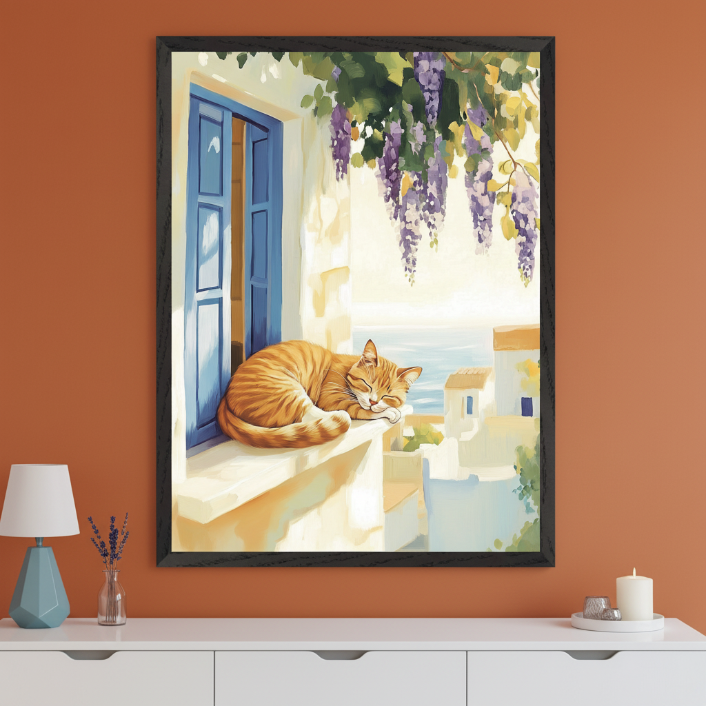 Modern living room with a black-framed painting centered above a white dresser. The artwork shows an orange tabby cat sleeping on a window ledge with blue shutters, purple wisteria, and a view of white buildings and the sea in a bright painterly style.